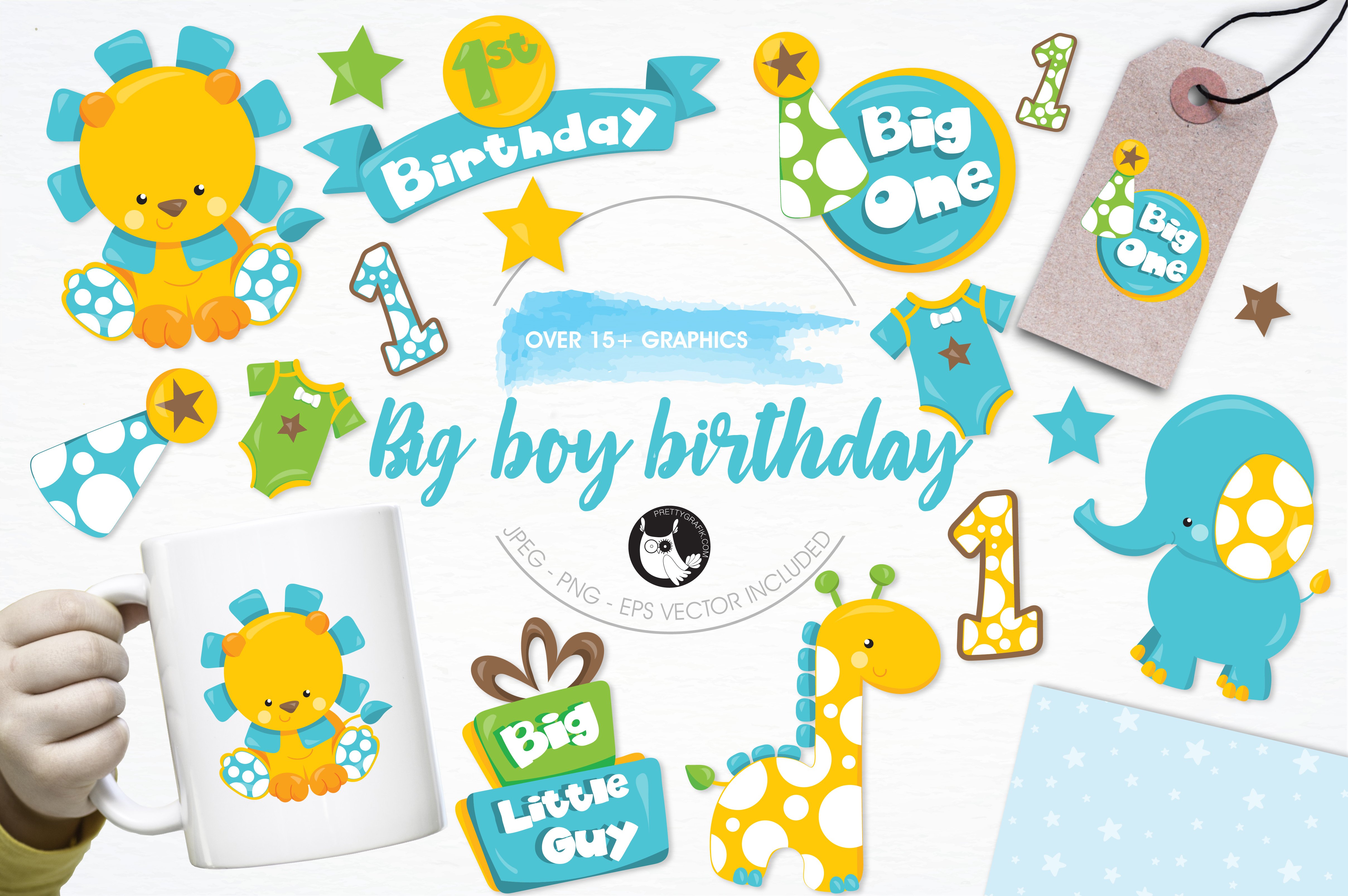 Baby boy birthday illustration pack - Vector Image