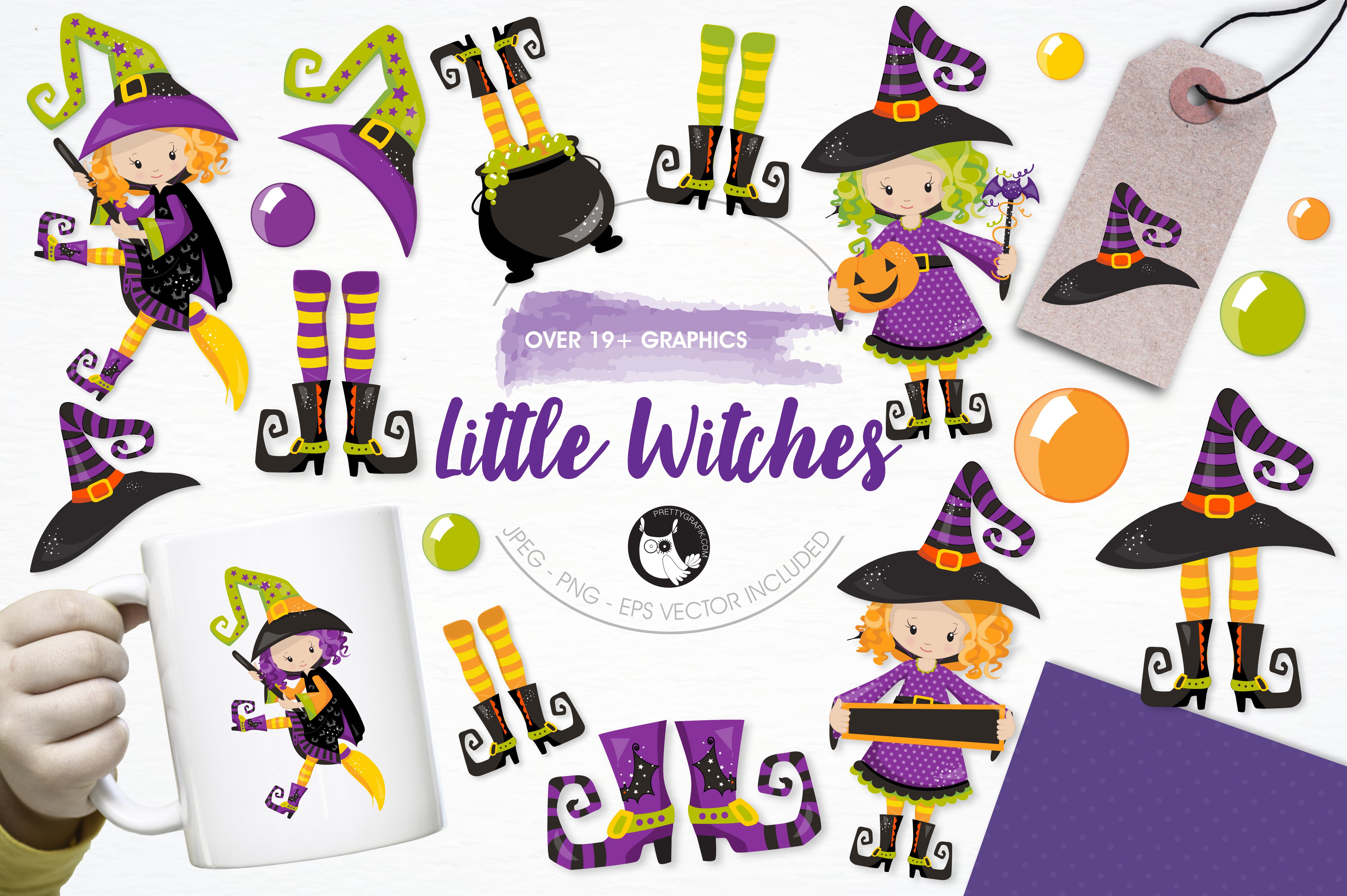 Little witches illustration pack - Vector Image