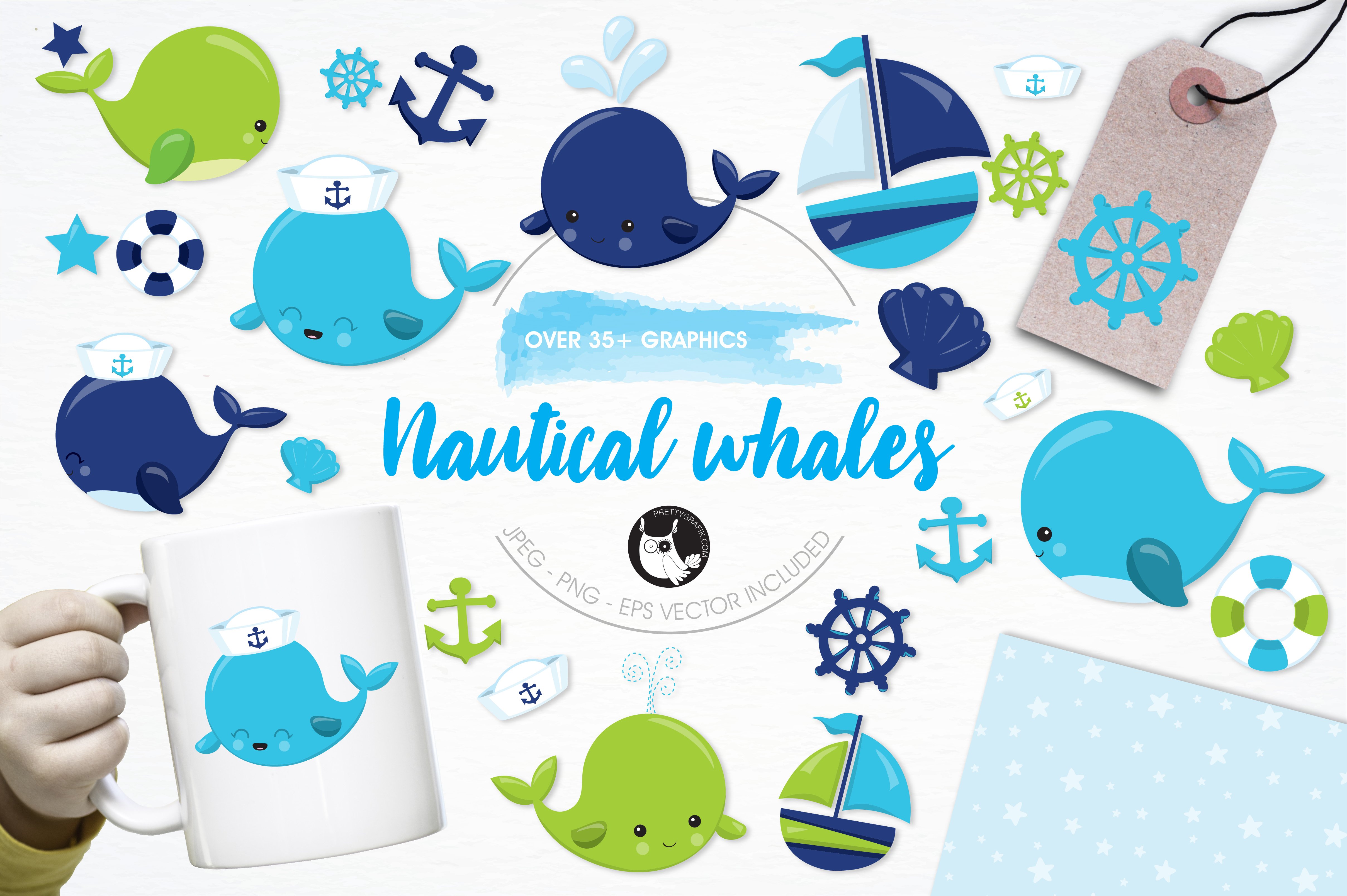 Nautical whales illustration pack - Vector Image