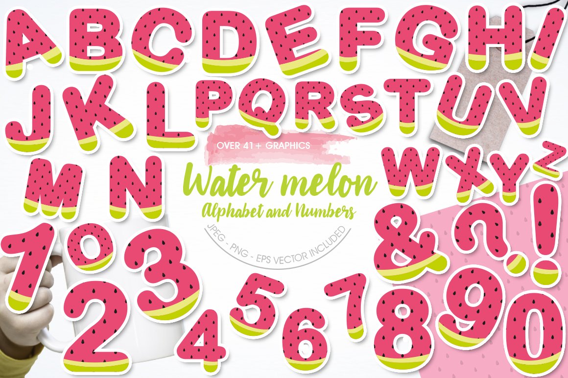 Watermelon Alphabet and Numbers - Vector Image