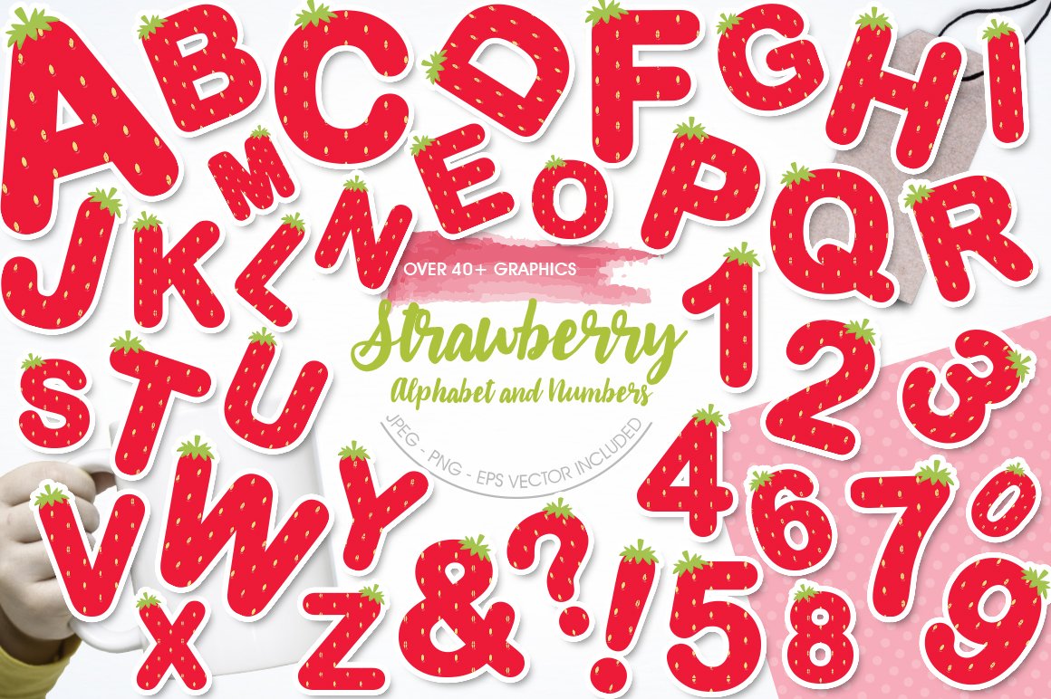 Strawberry Alphabet and Numbers - Vector Image