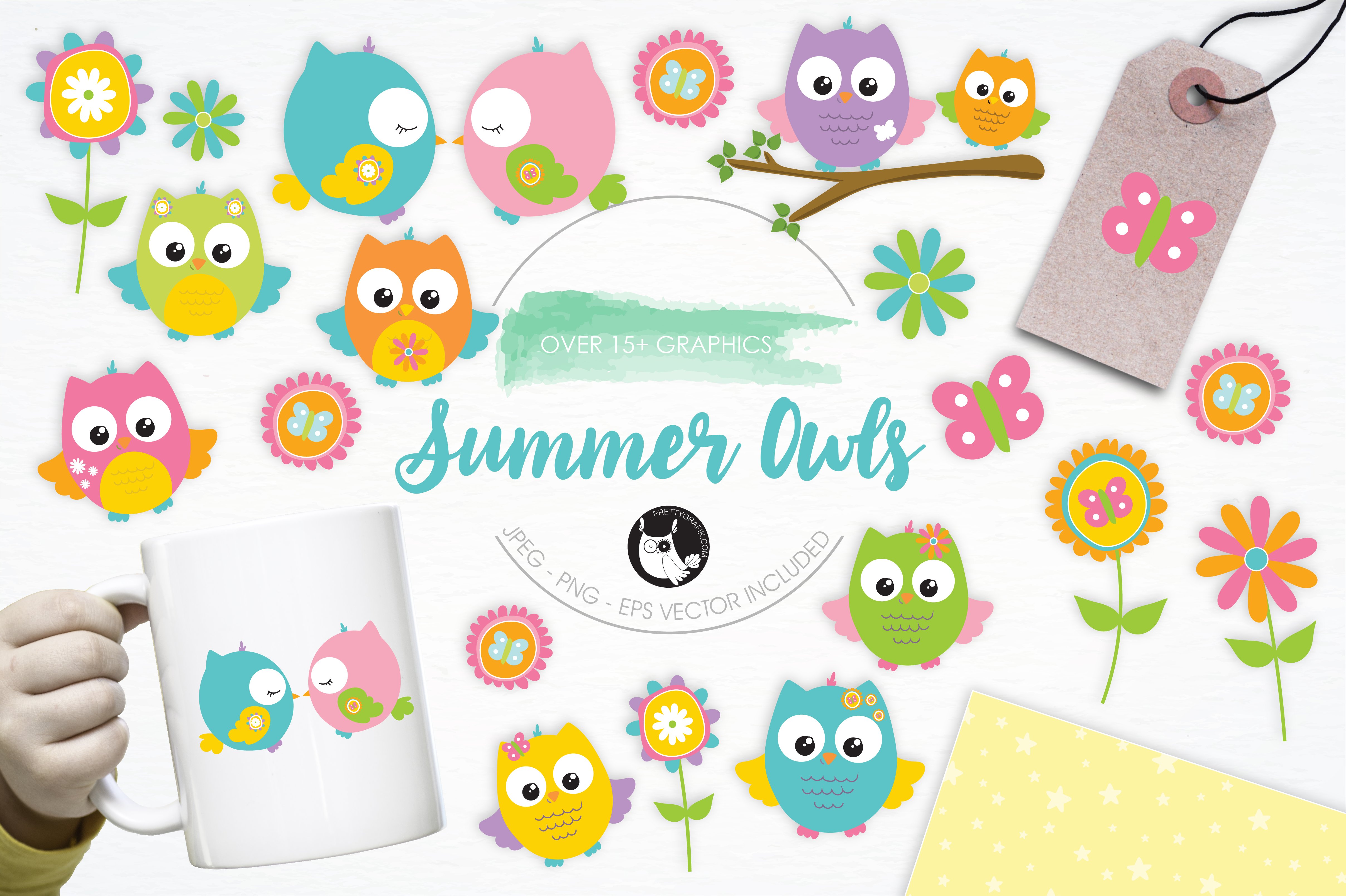 Summer Owls illustration pack - Vector Image