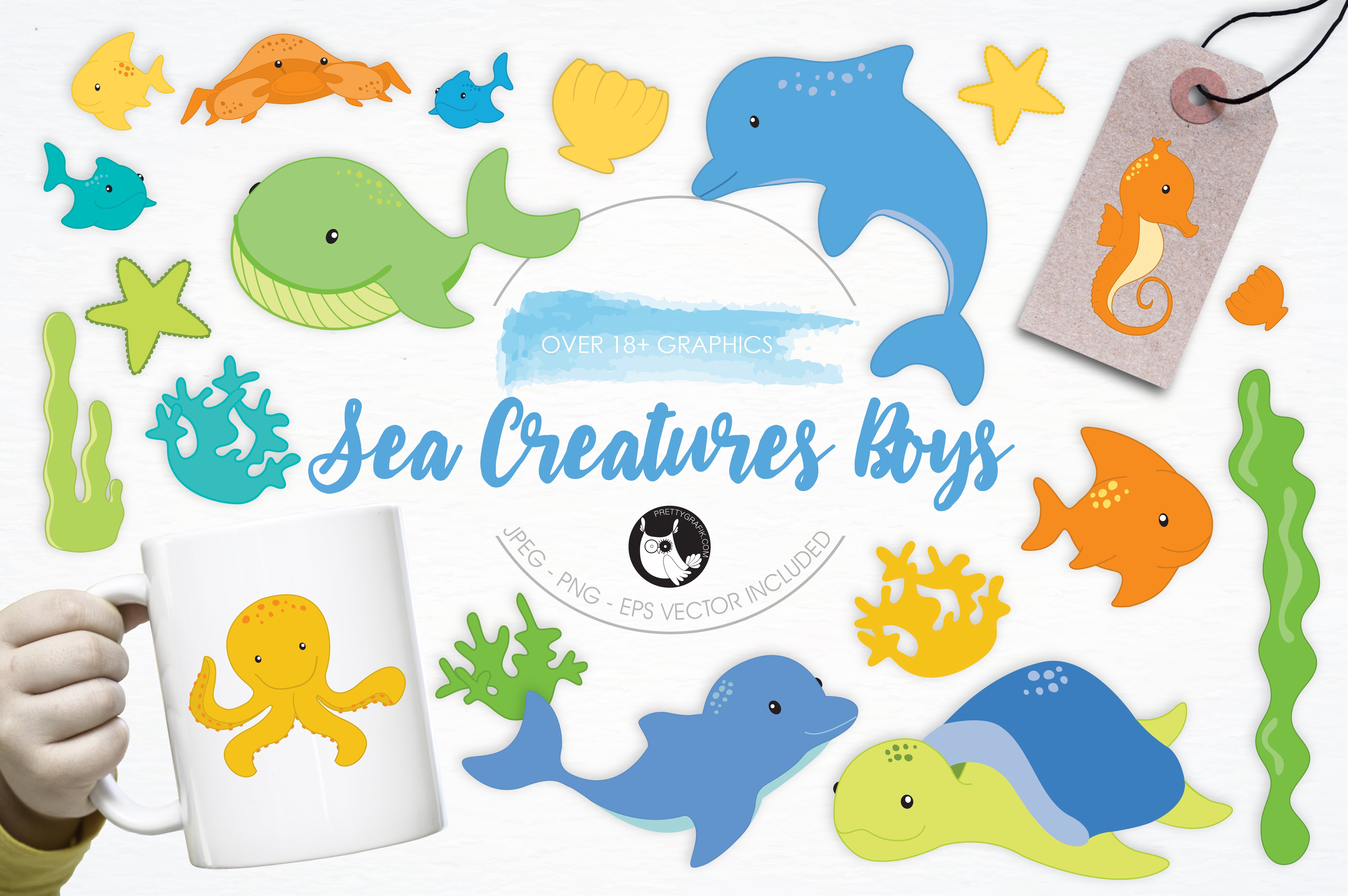 Sea Creatures Boys illustration pack - Vector Image