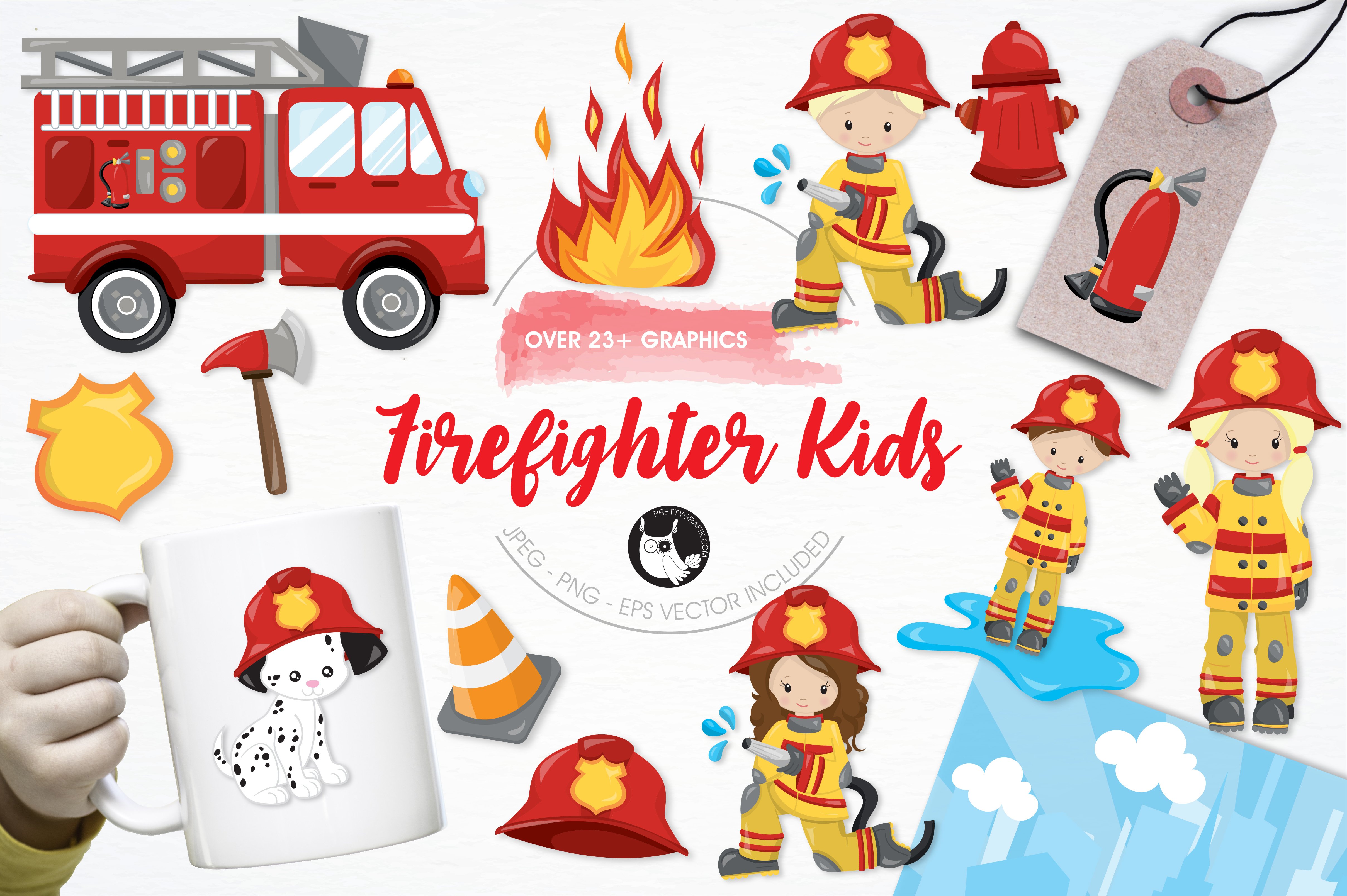 Firefighter kids illustration pack - Vector Image