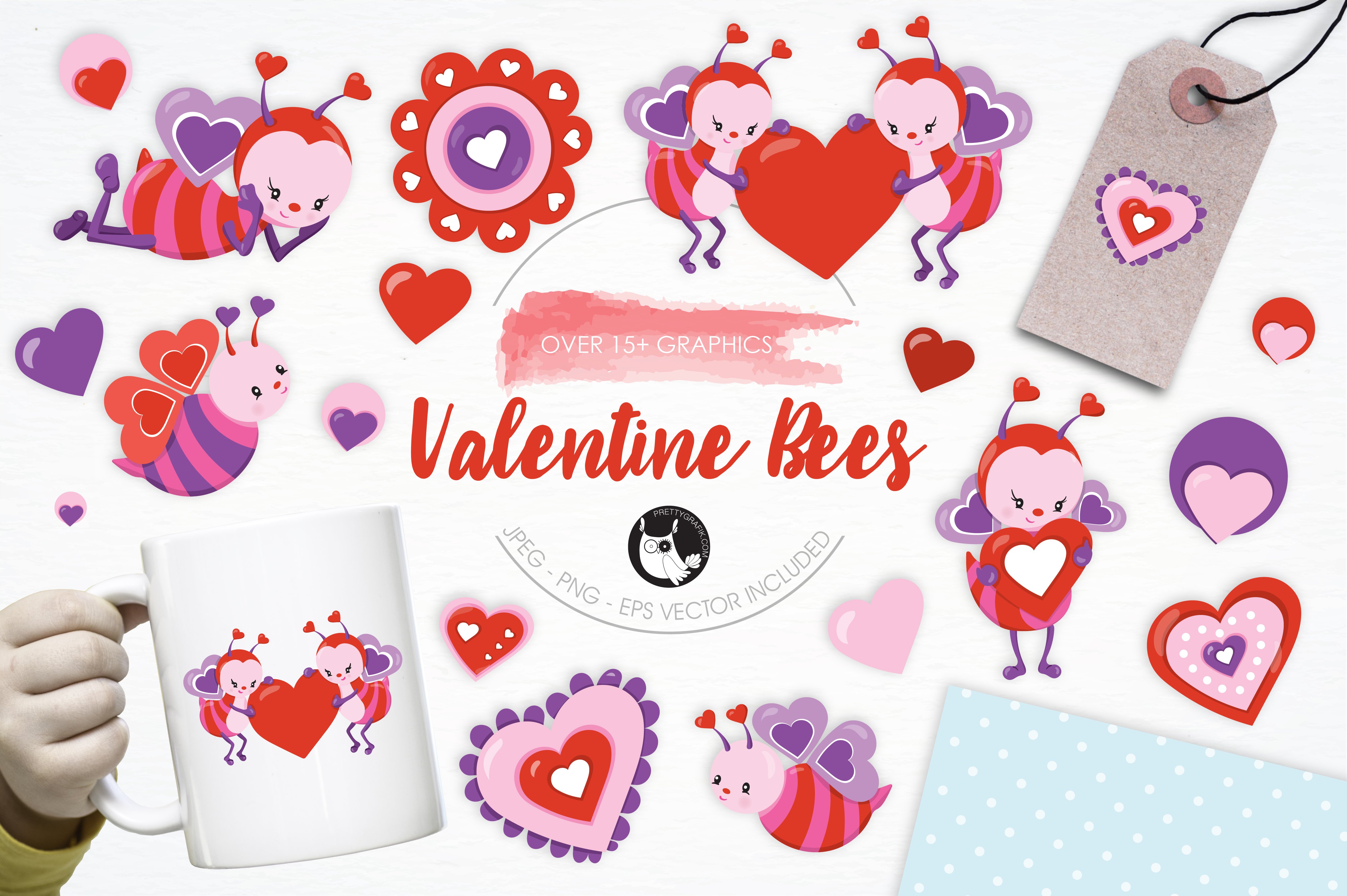 Valentine Bees illustration pack - Vector Image