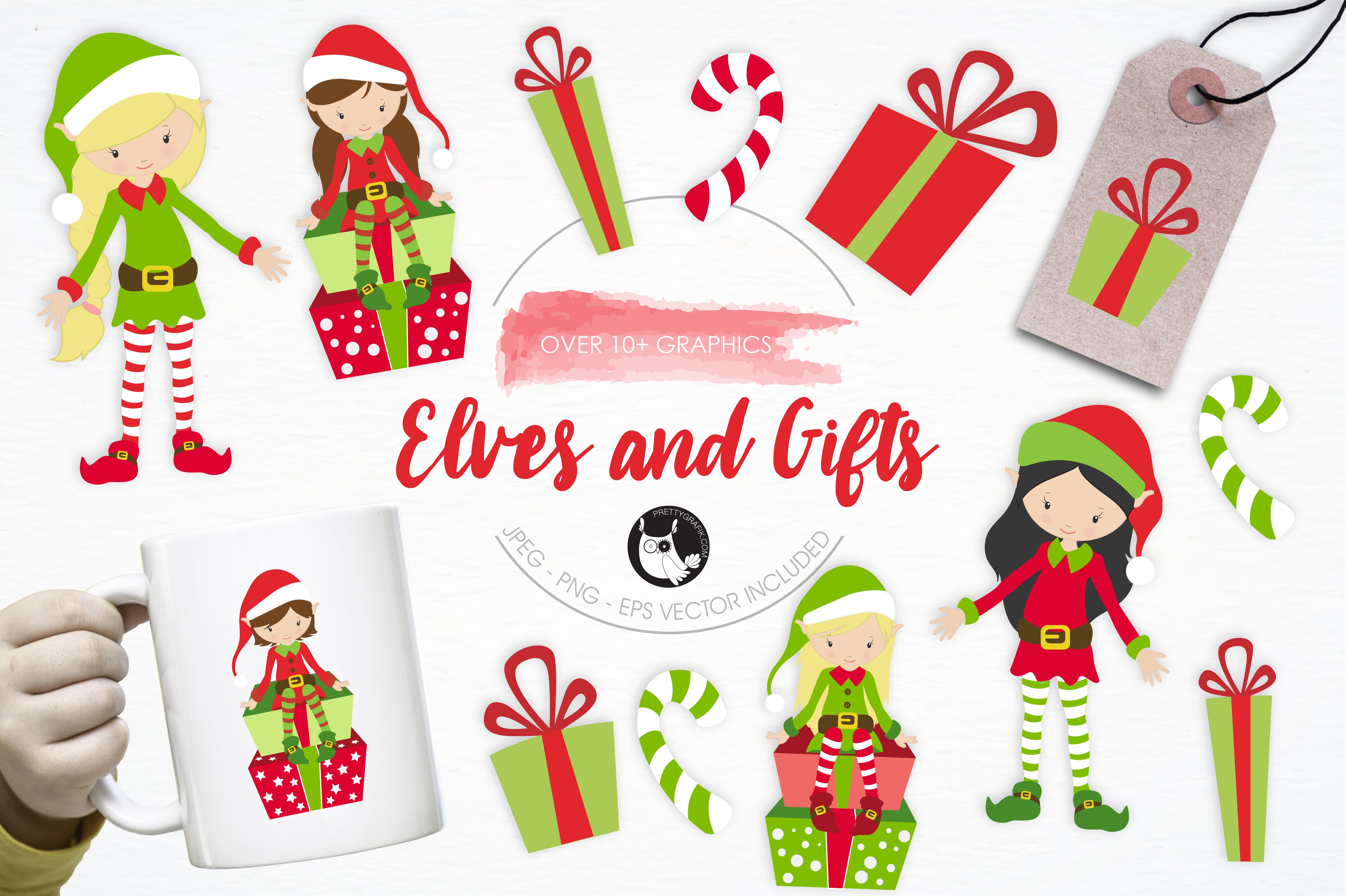 Elves and Gifts illustration pack - Vector Image