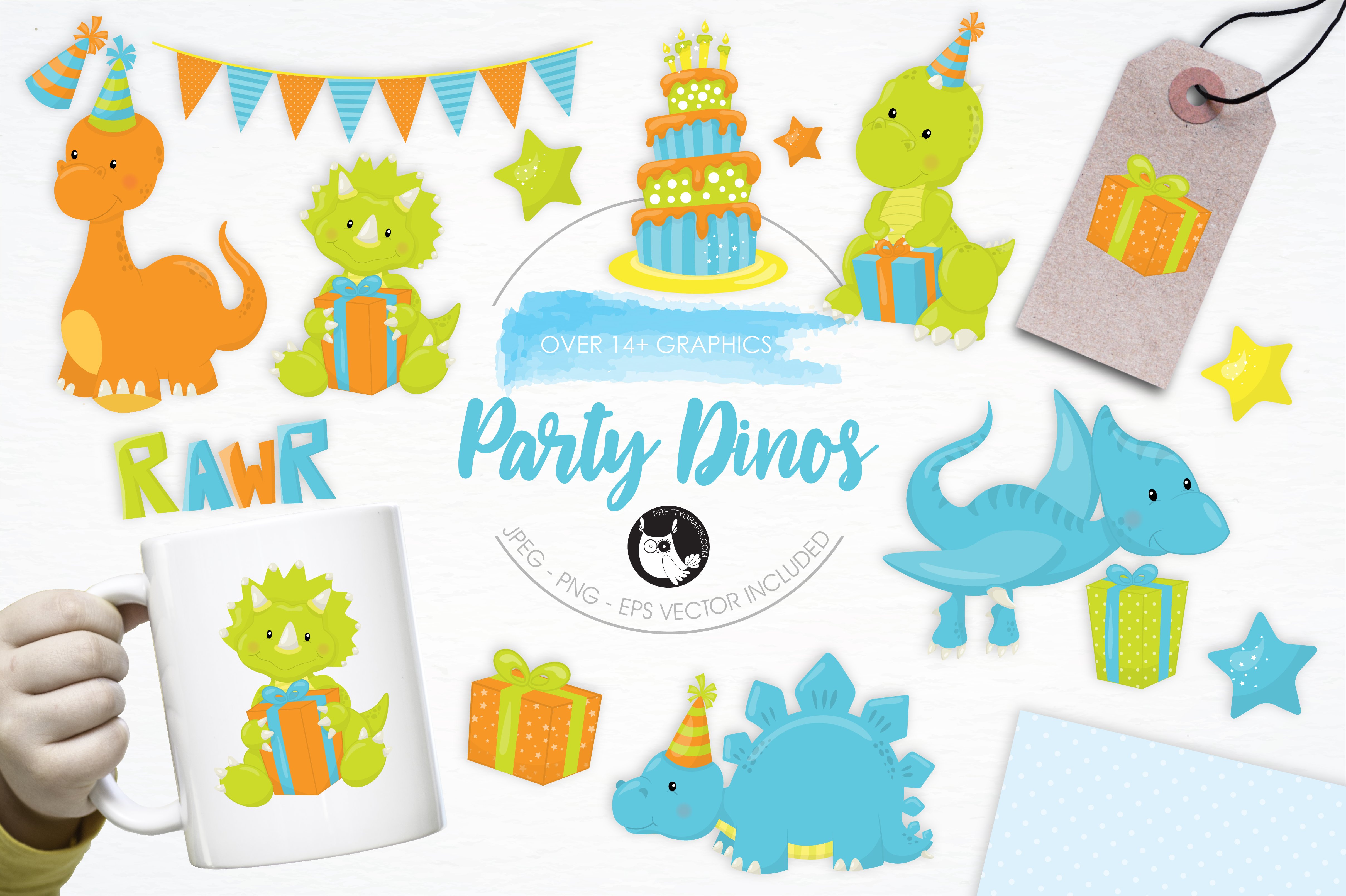 Party Dinos  illustration pack - Vector Image