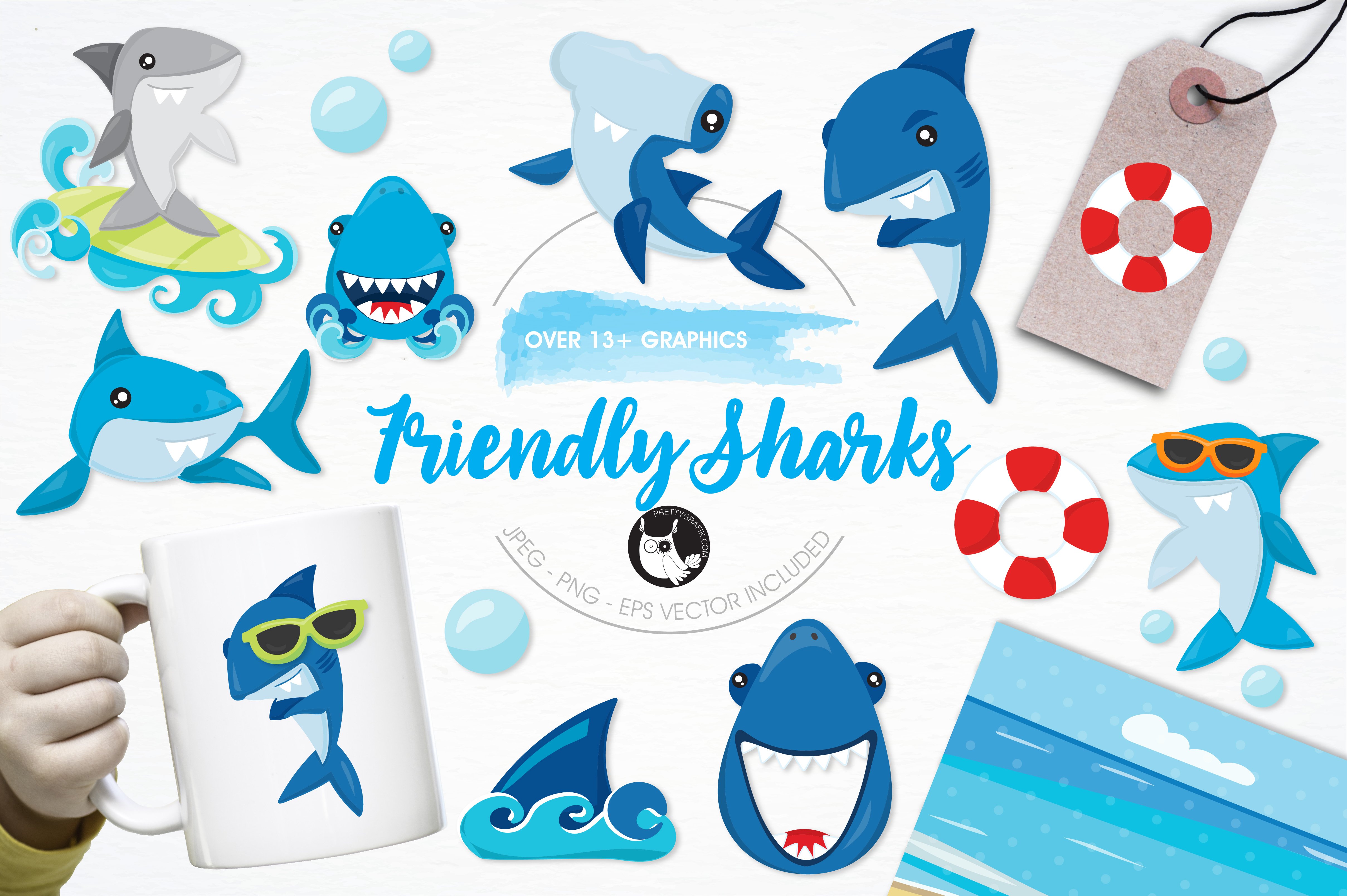 Friendly sharks illustration pack - Vector Image