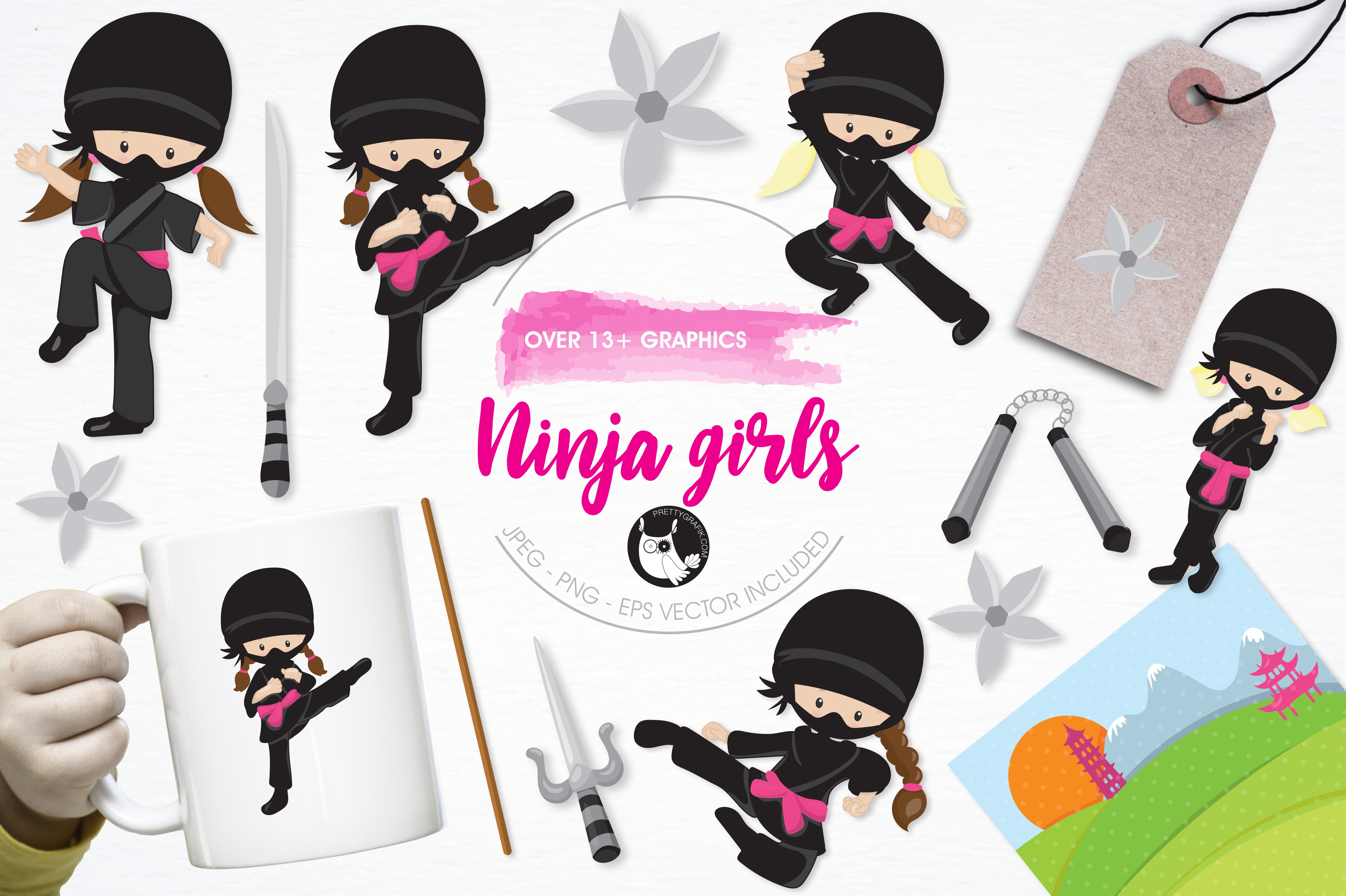 Ninja girls illustration pack - Vector Image