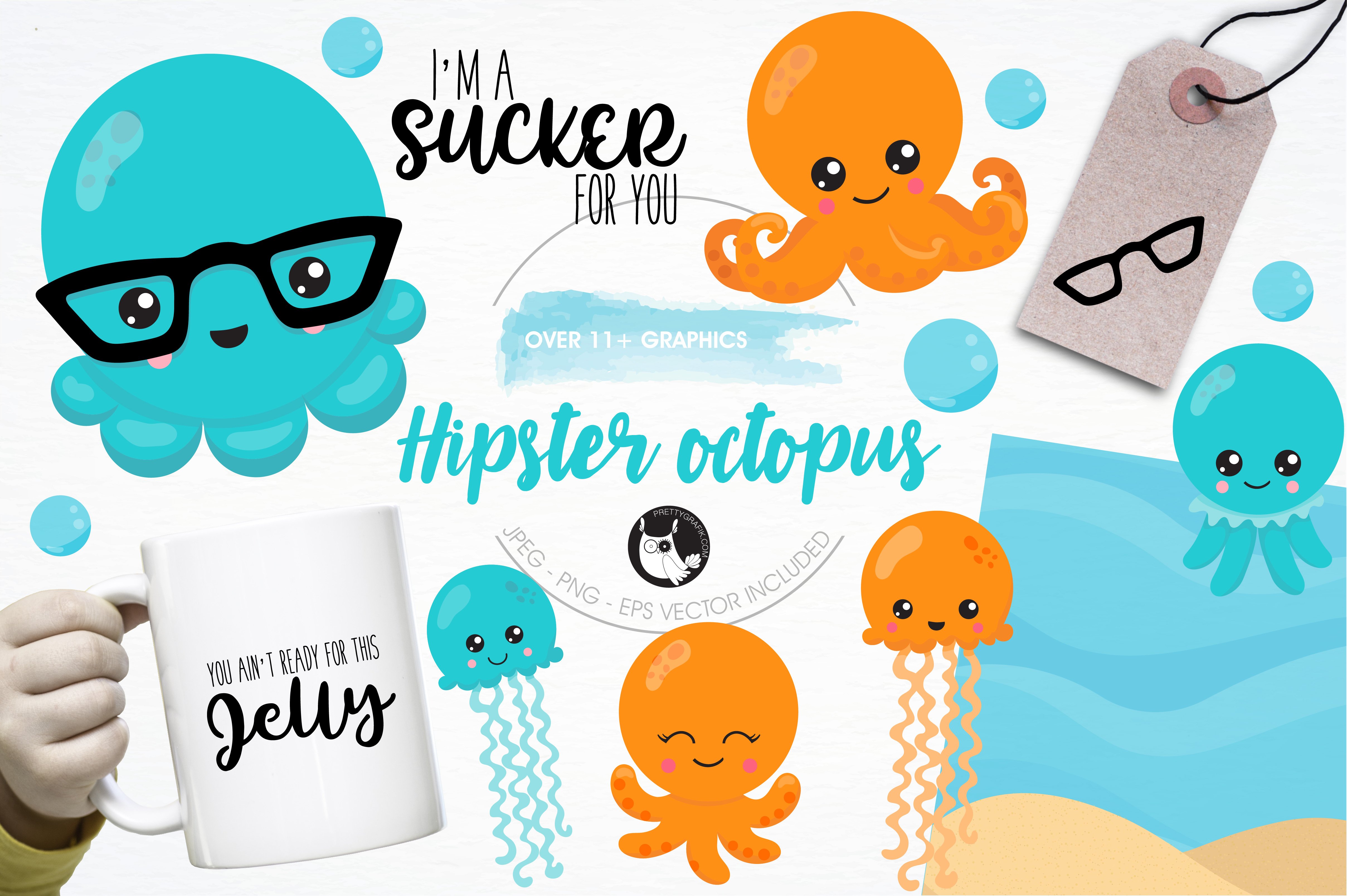 Hipster octopus illustration pack - Vector Image