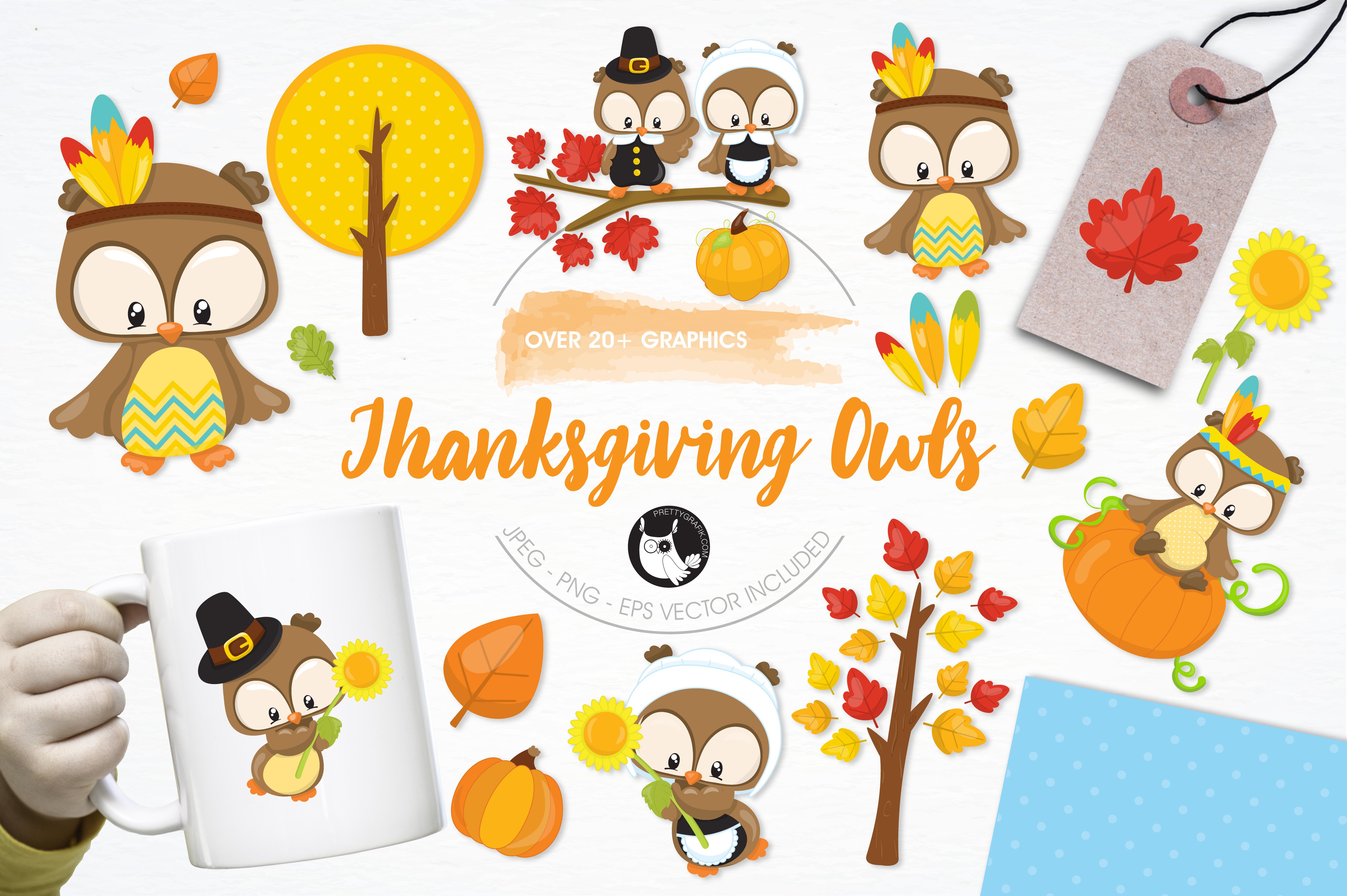 Thanksgiving owl illustration pack - Vector Image