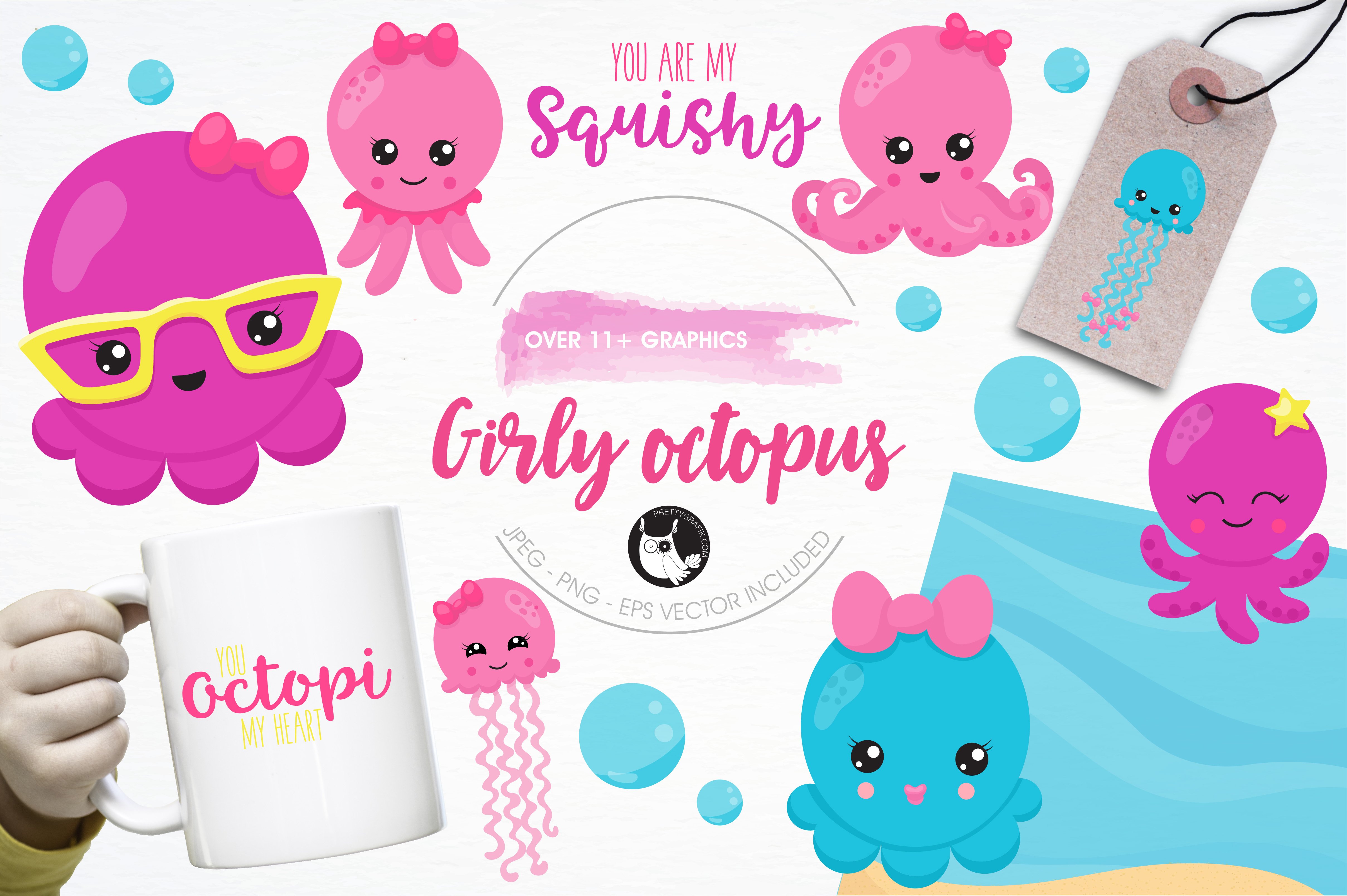 Girl octopus illustration pack - Vector Image