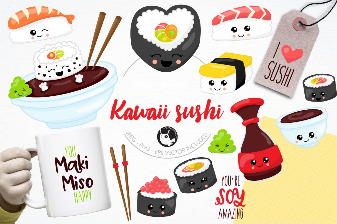 Kawaii sushi illustration pack - Vector Image