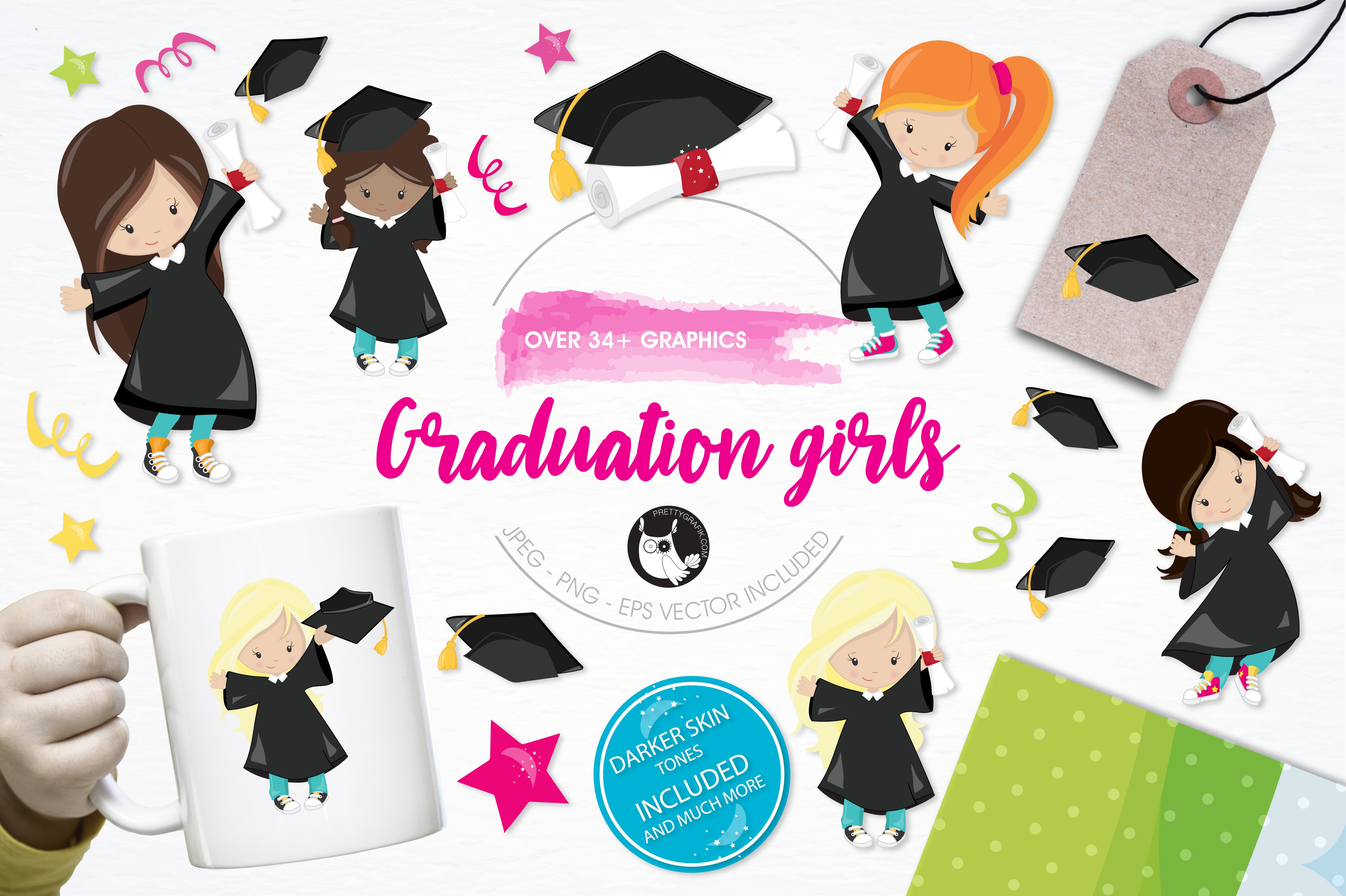 Graduation girls illustration pack - Vector Image