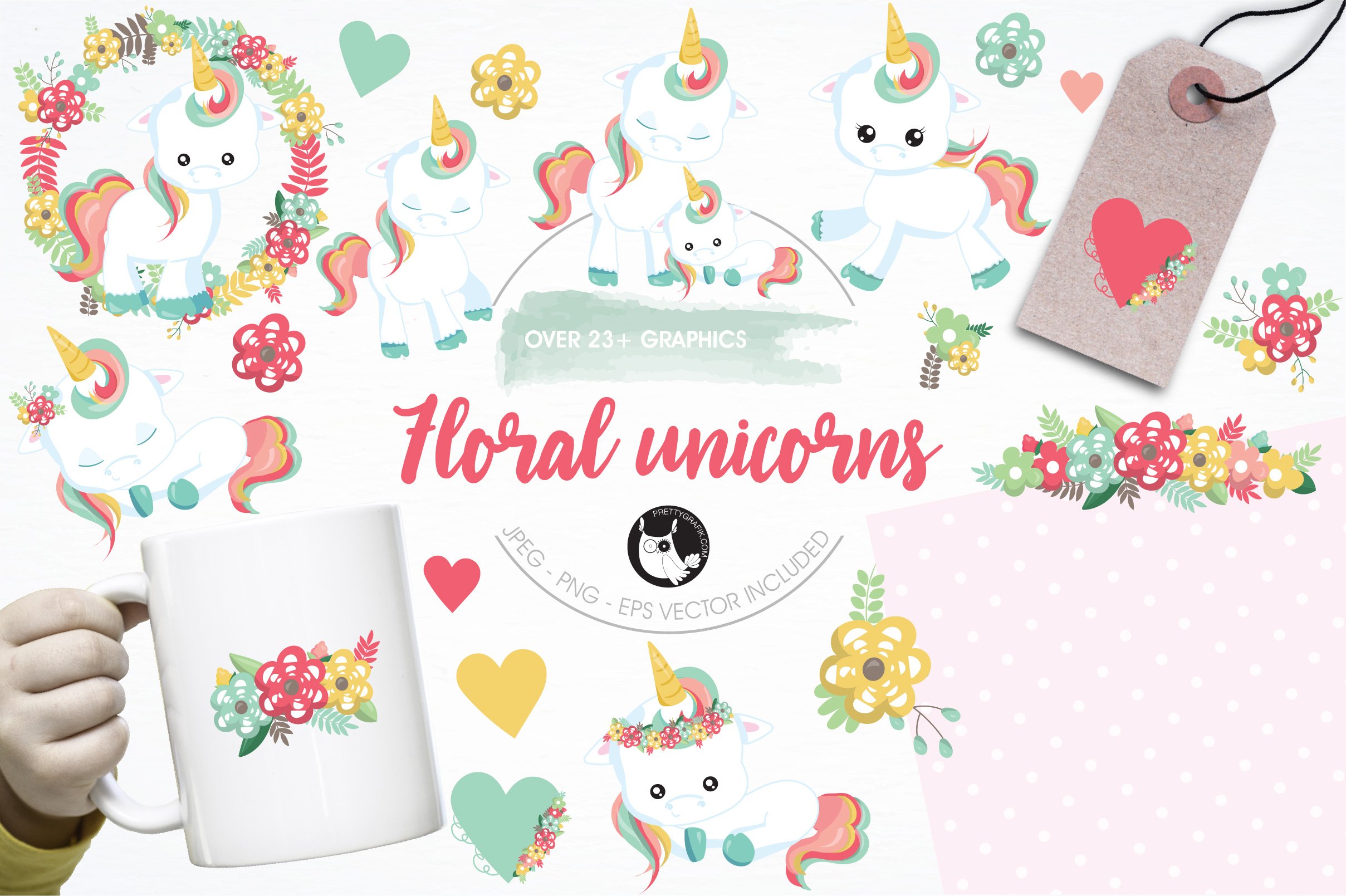 Floral unicorn illustration pack - Vector Image