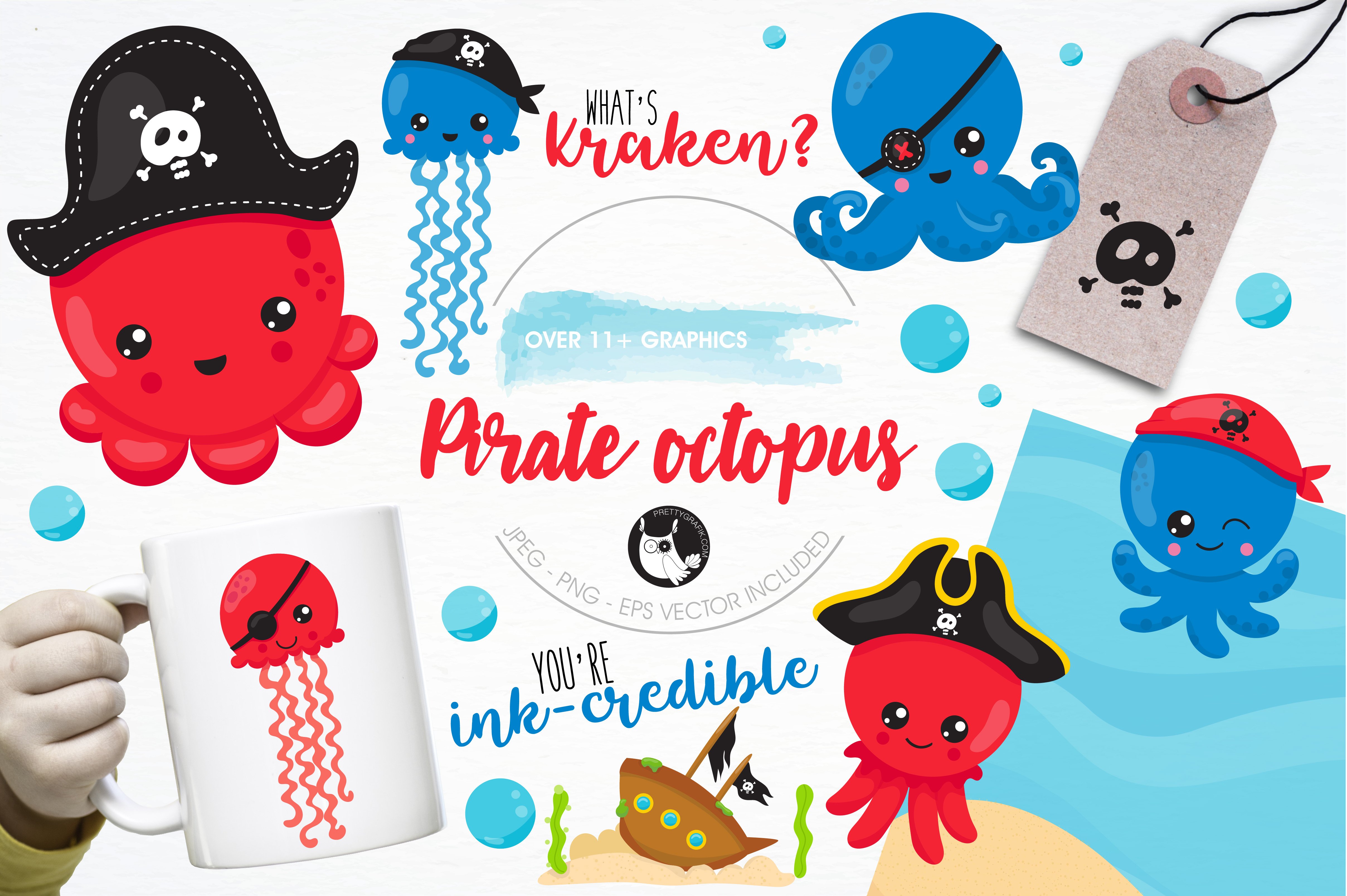 Pirate octopus illustration pack - Vector Image