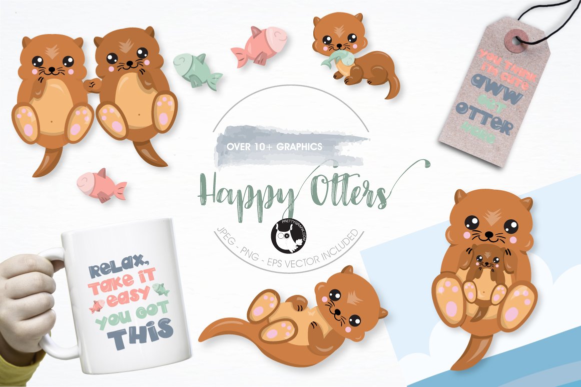 happy otters graphic illustration - Vector Image
