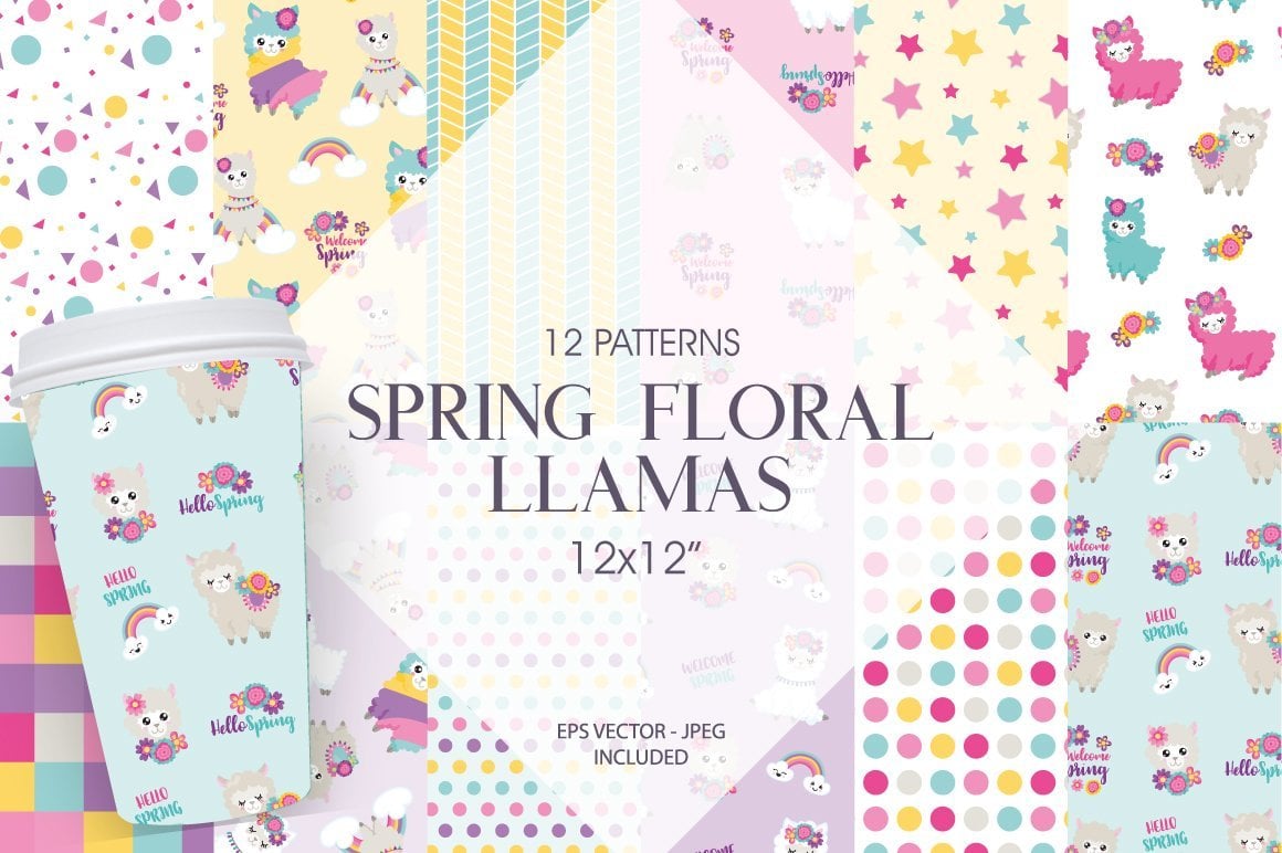 Spring Floral Llamas - Vector Image