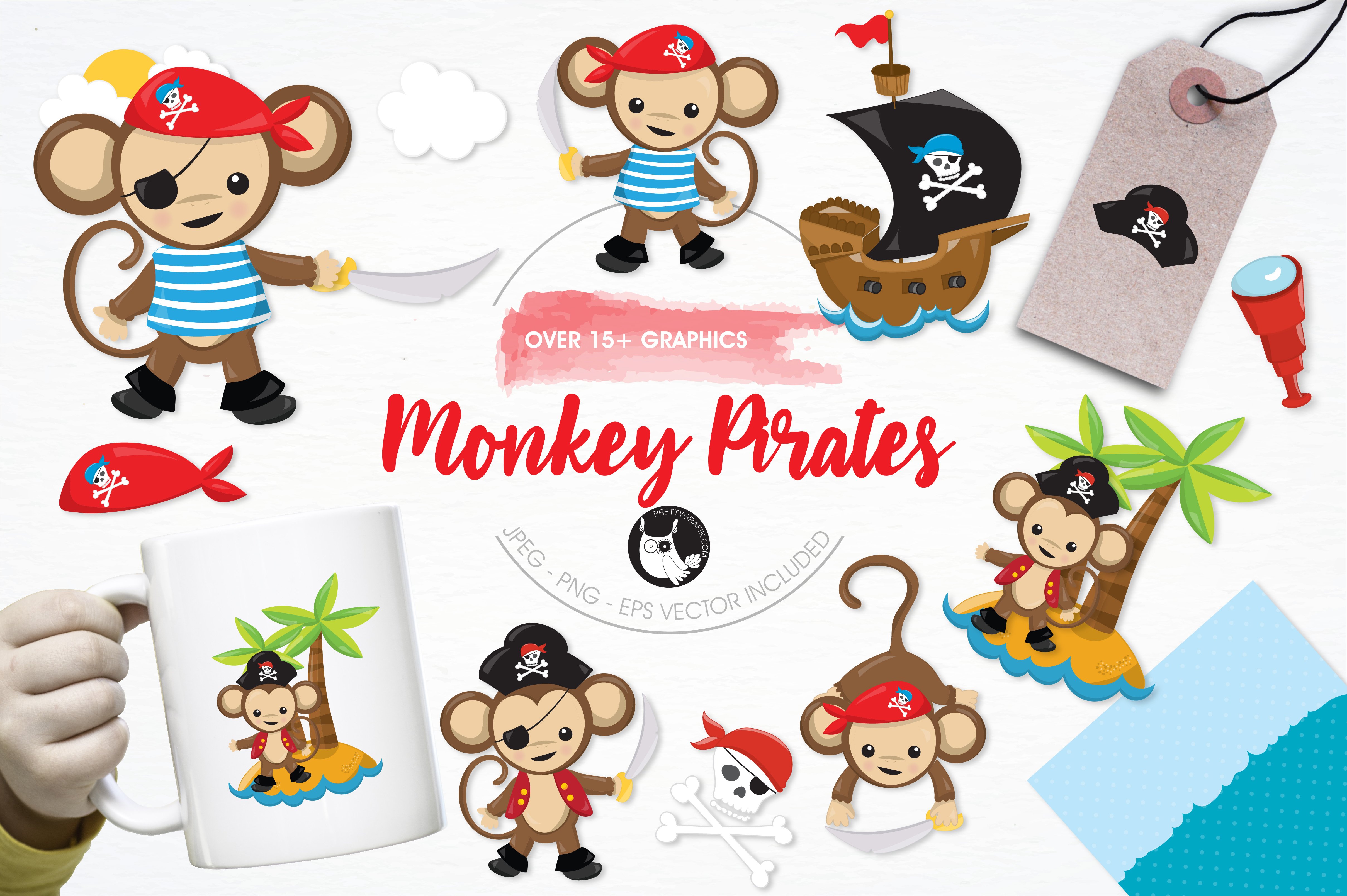 Monkey pirates illustration pack - Vector Image