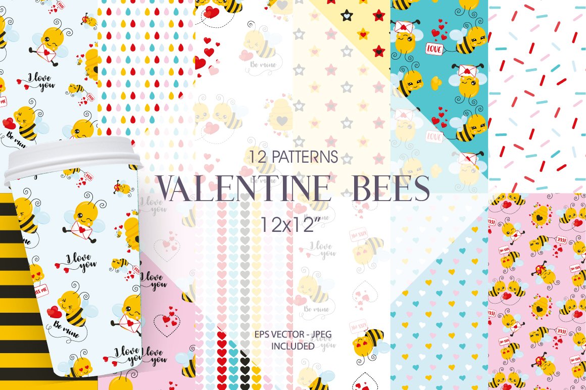 Valentine Bees Digital Paper - Vector Image