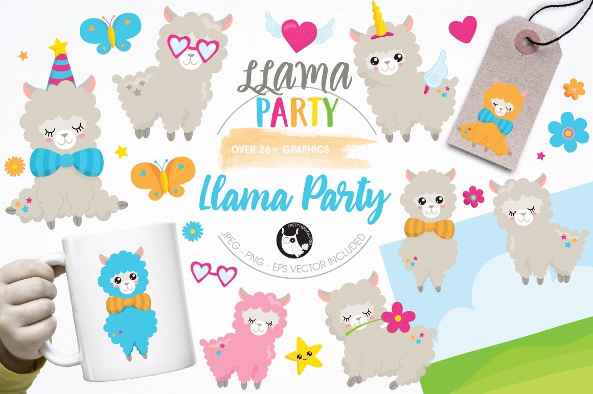 Llama party illustration pack - Vector Image