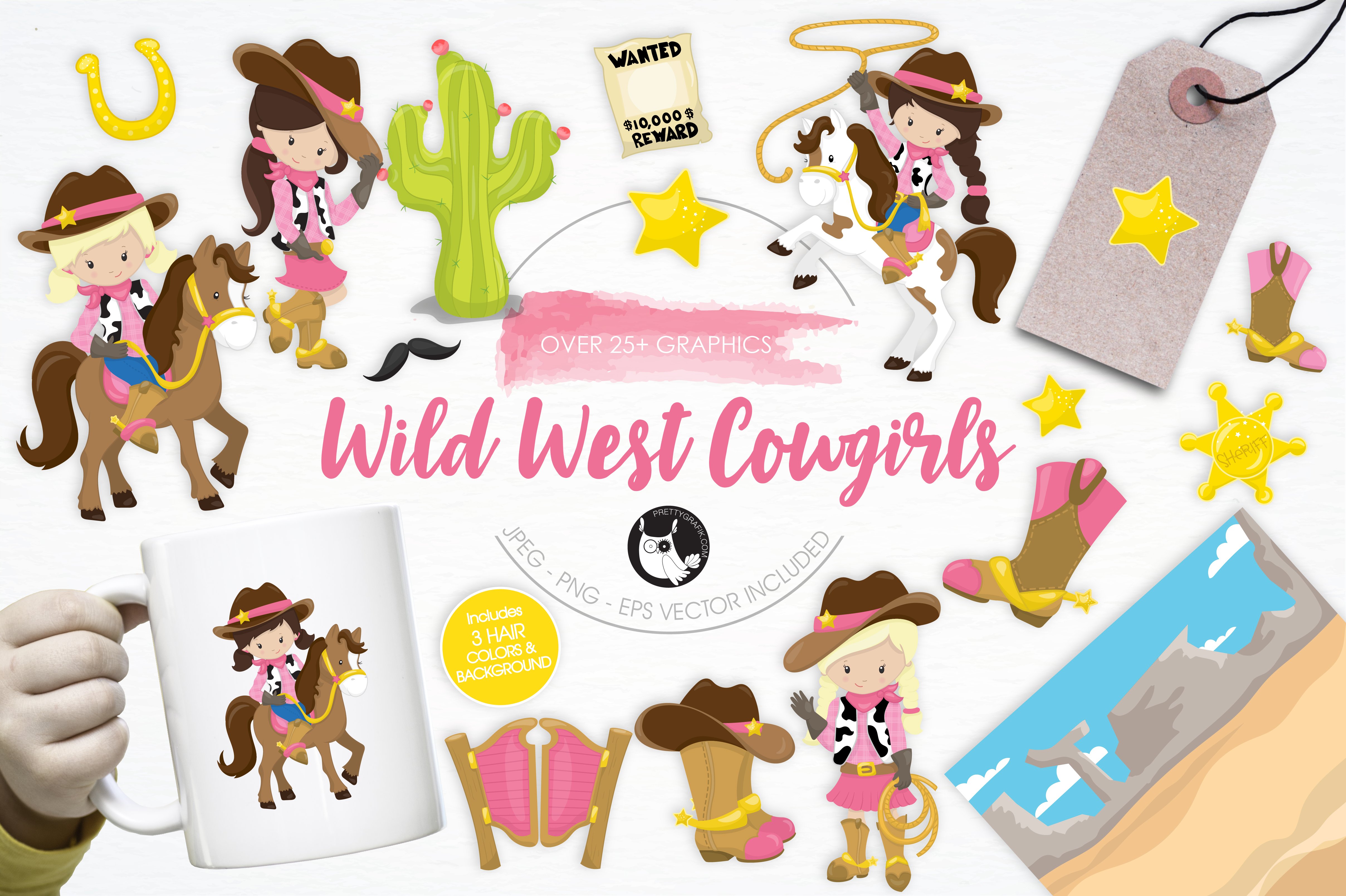 Wild West Cowgirls illustration pack - Vector Image