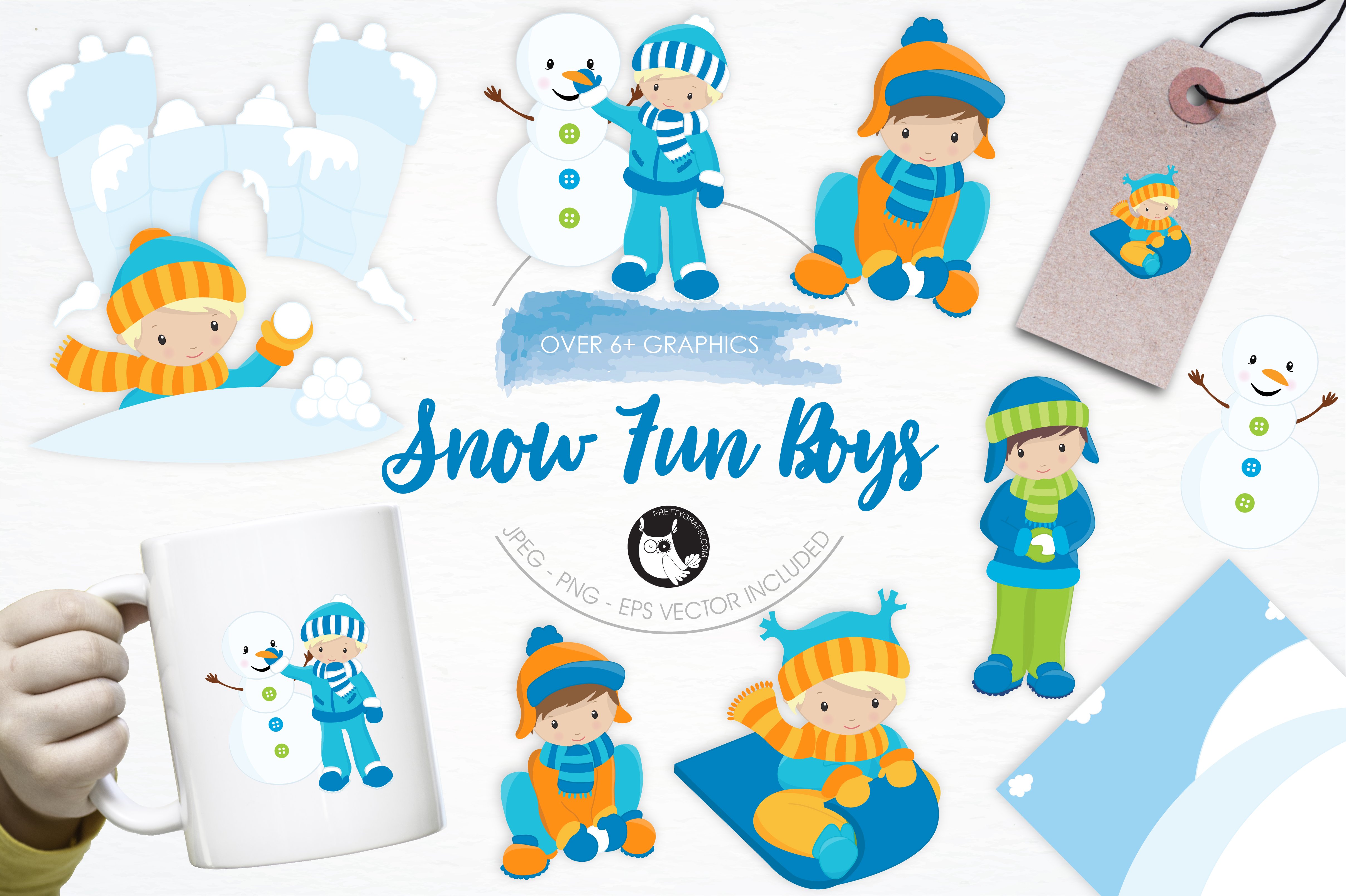 Snow Fun Boys illustration pack - Vector Image