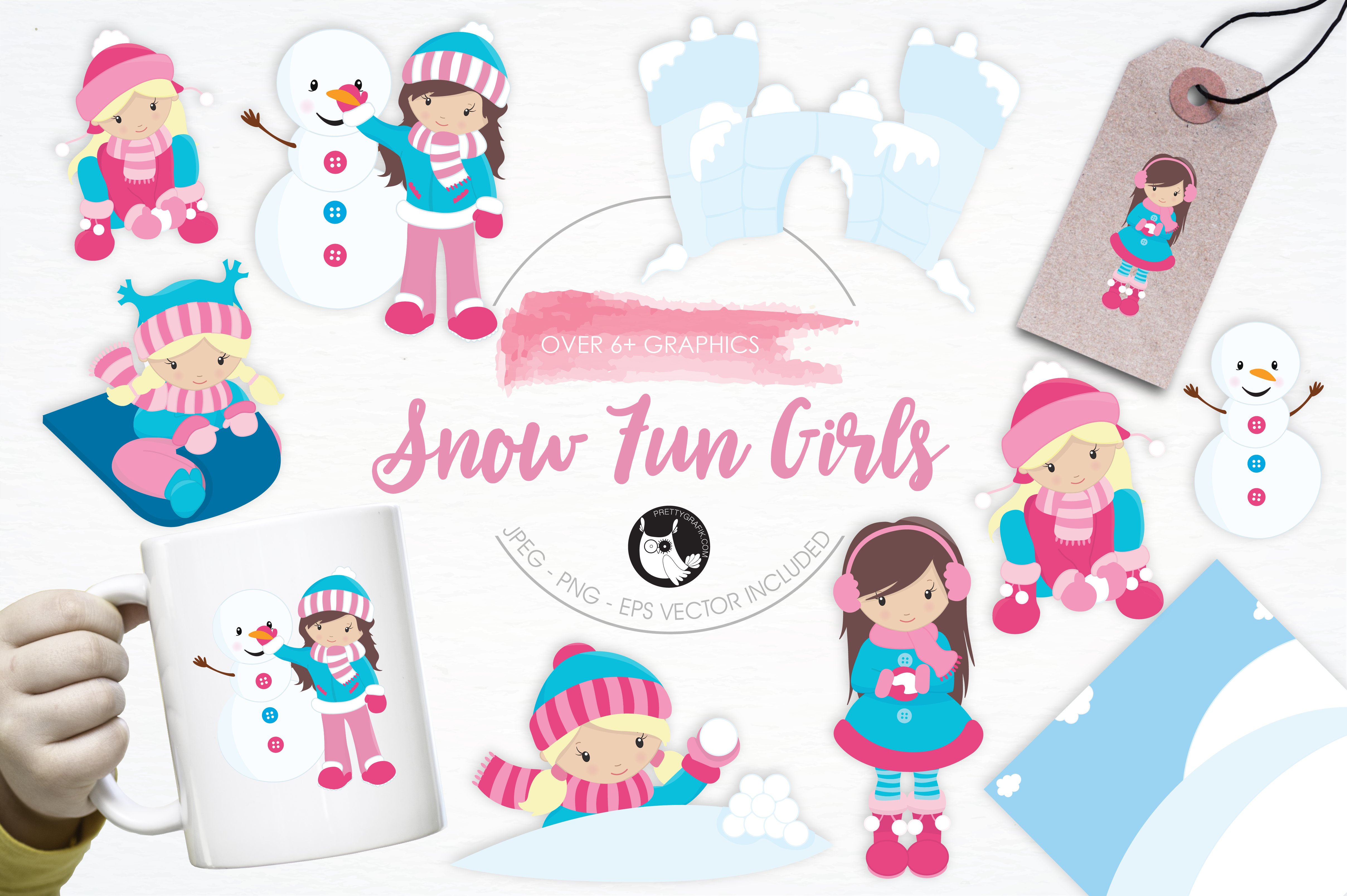 Snow Fun Girls illustration pack - Vector Image