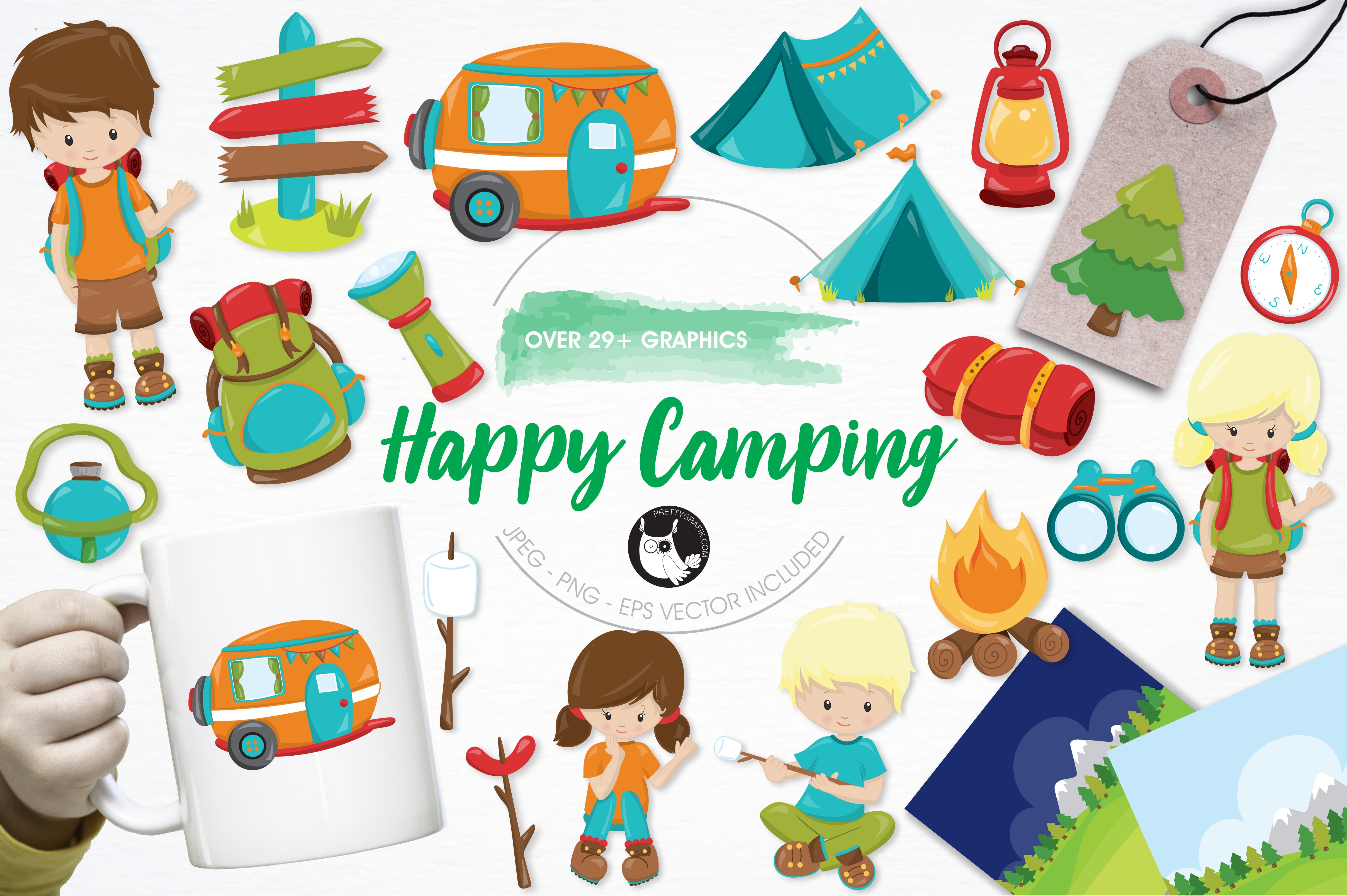 Happy camping illustration pack - Vector Image