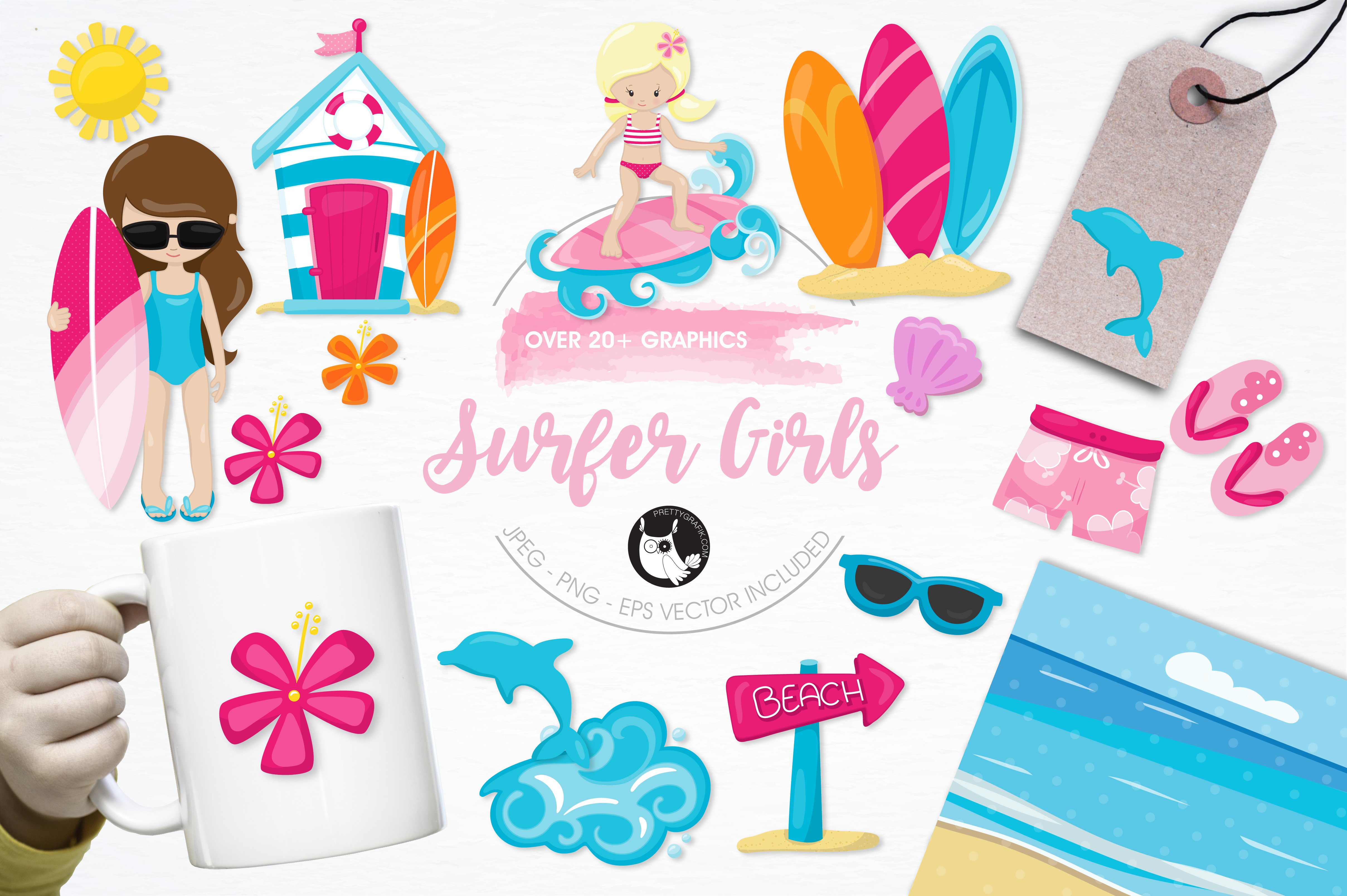 Surfer girls illustration pack - Vector Image