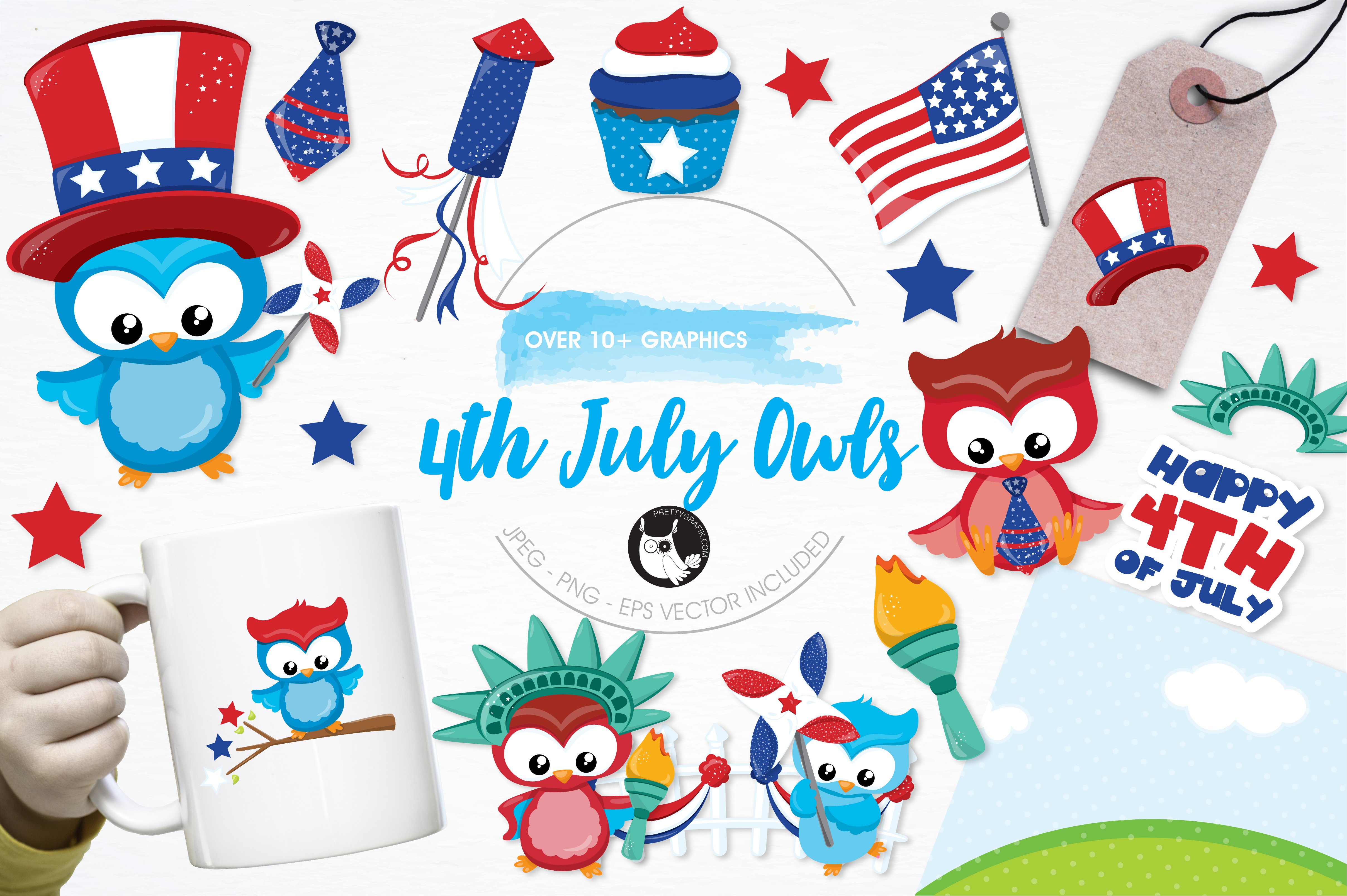 4th of July owls illustration pack - Vector Image