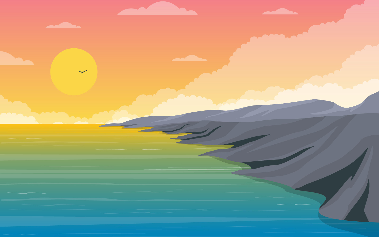 Sea Panorama Beach Coast Bay Ocean - Illustration