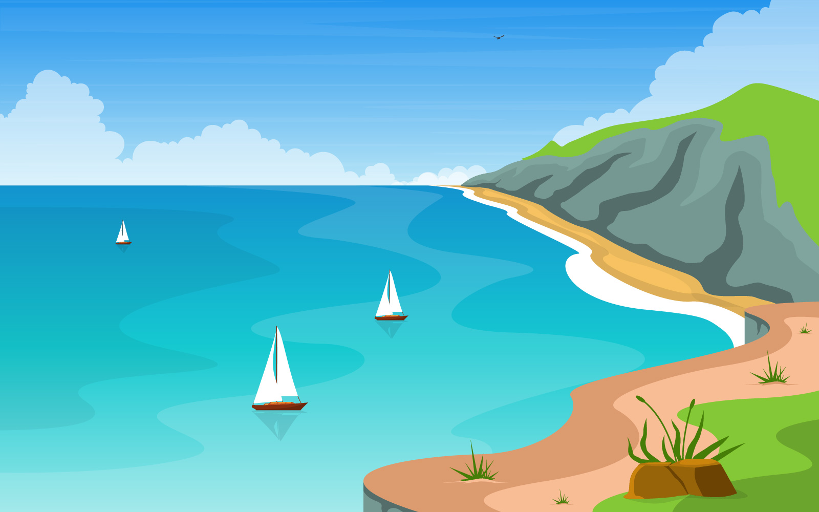 Sea Panorama Beach Coast Bay Ocean - Illustration