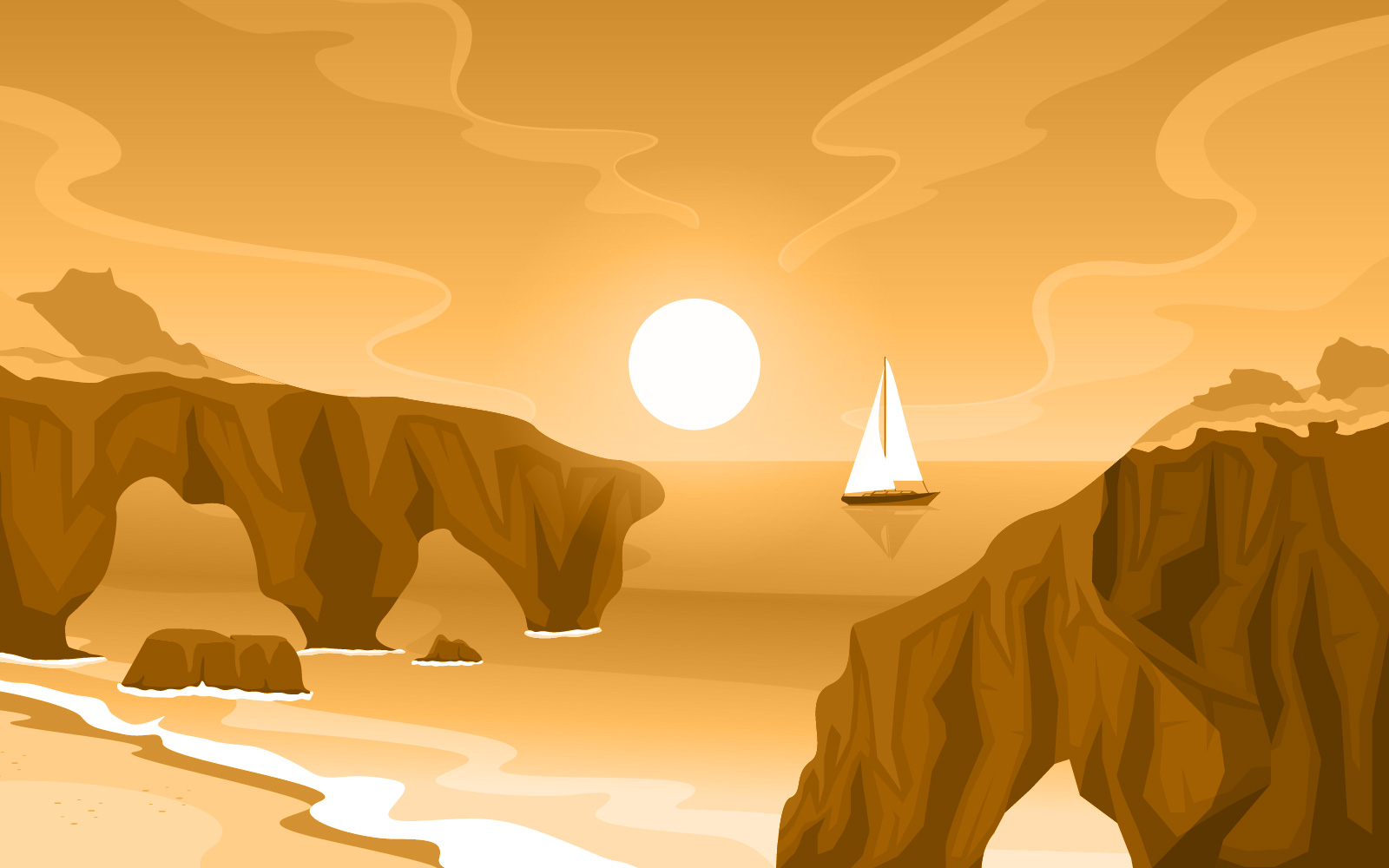 Sea Panorama Beach Coast Bay Ocean - Illustration