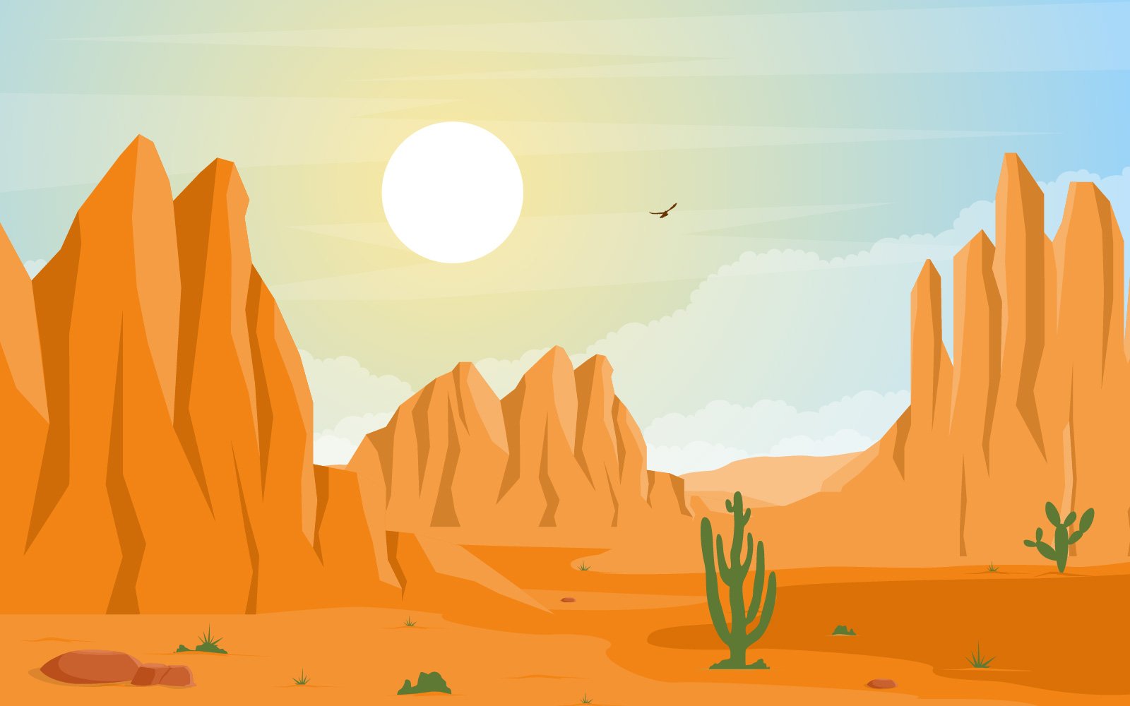 Vast Western American Desert with Cactus - Illustration