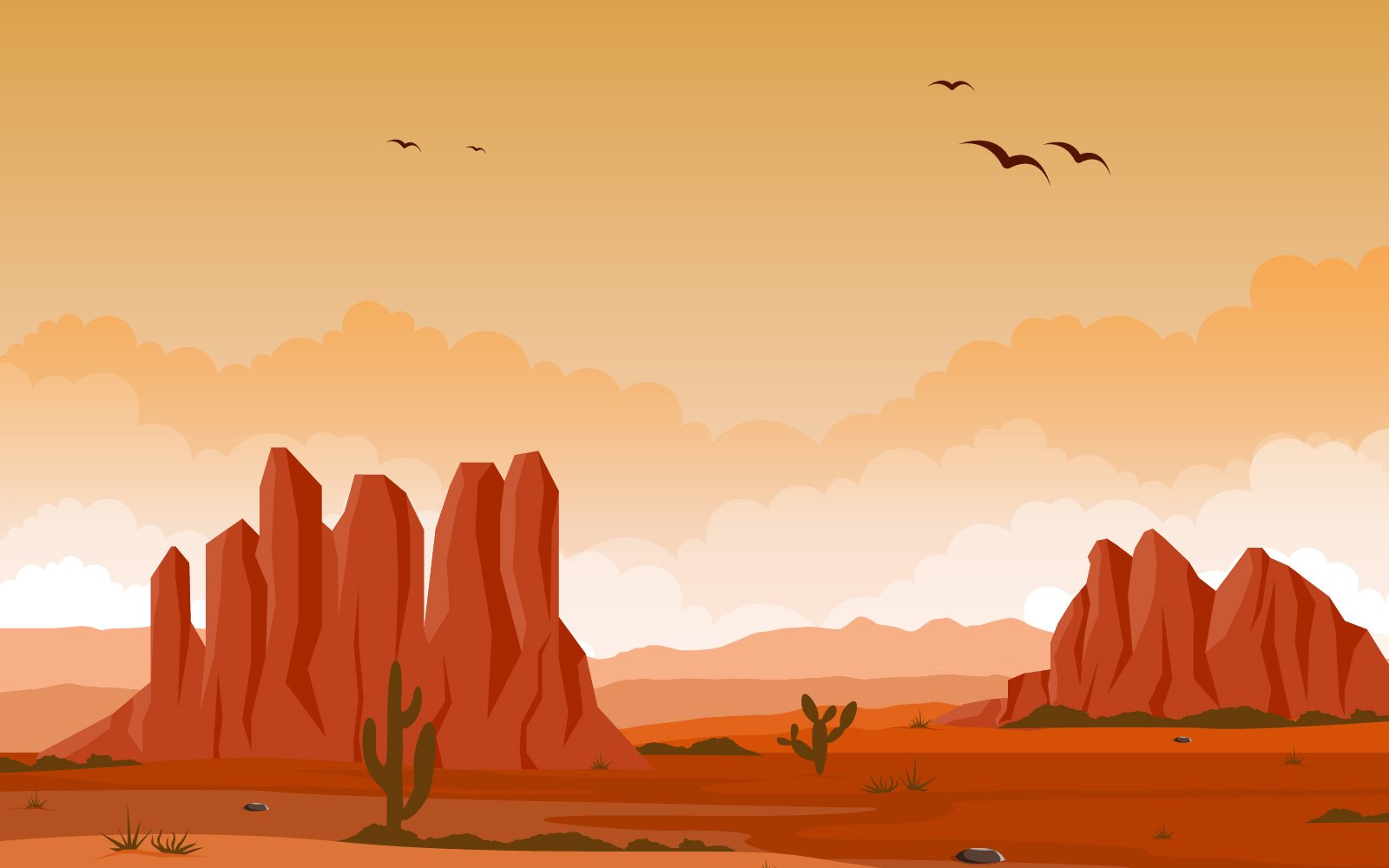 Vast Western American Desert with Cactus - Illustration