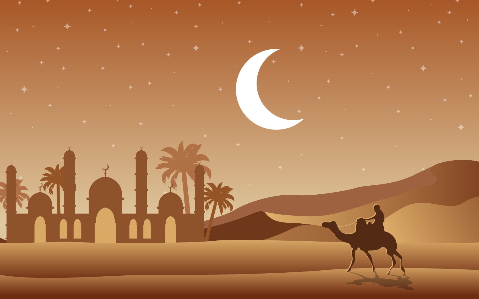 Night Desert Islamic Mosque Palm Tree - Illustration