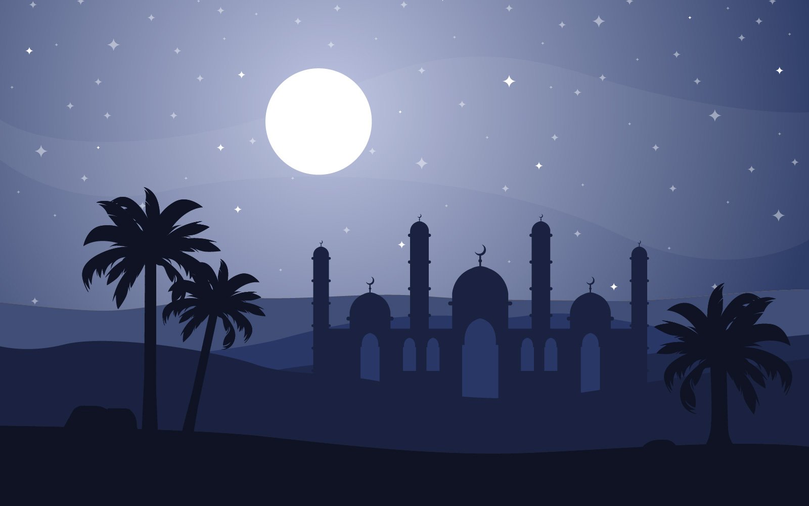 Night Desert Islamic Mosque Palm Tree - Illustration