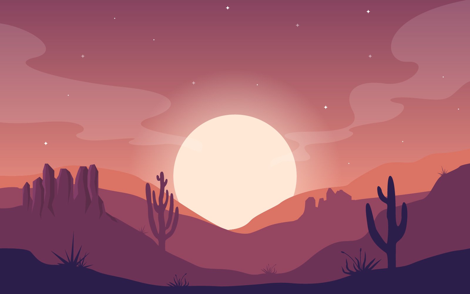 Vast Western American Desert with Cactus - Illustration