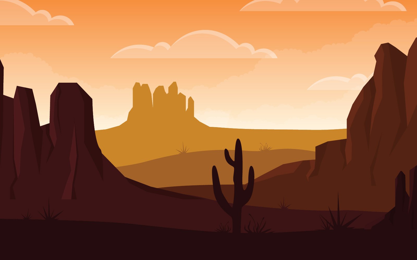 Vast Western American Desert with Cactus - Illustration