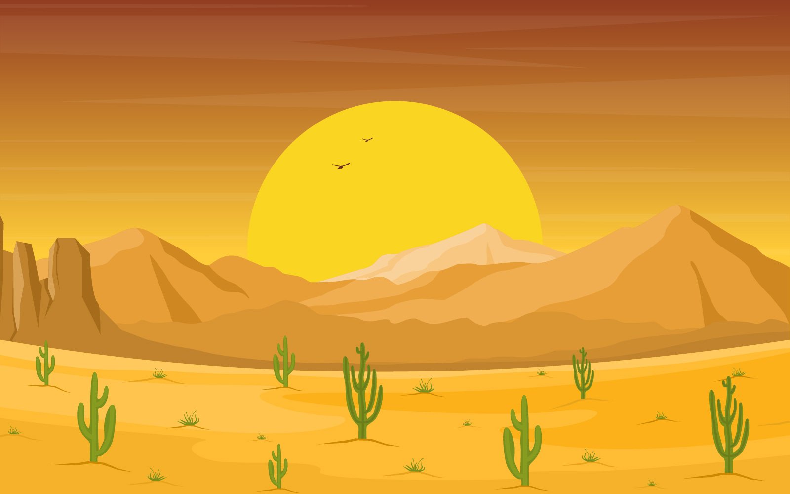 Vast Western American Desert with Cactus - Illustration