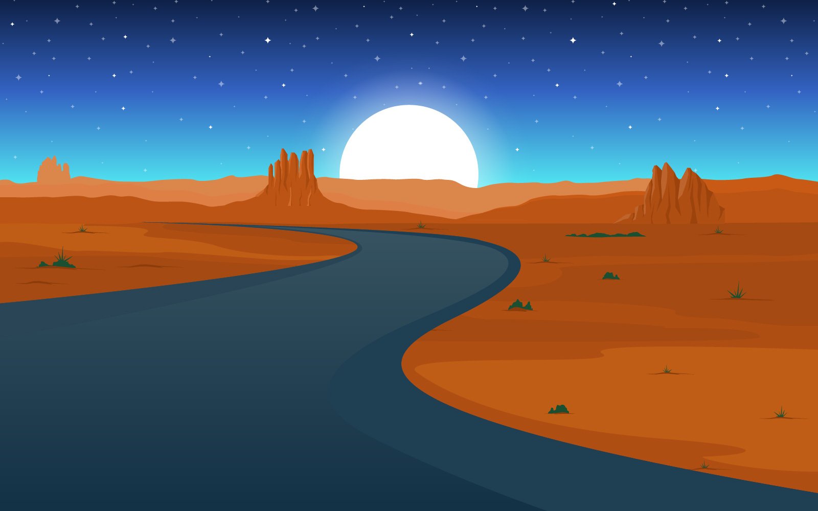 Vast Western American Desert with Cactus - Illustration