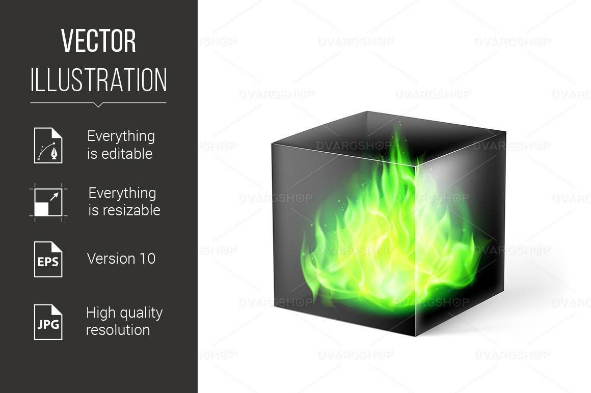 Cube with Fire Flames - Vector Image