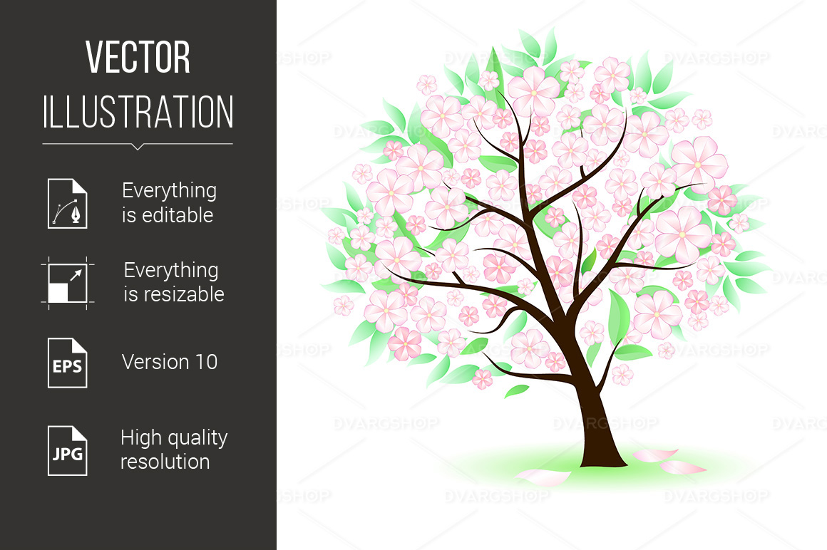 Stylized Tree with Leafs and Flowers - Vector Image