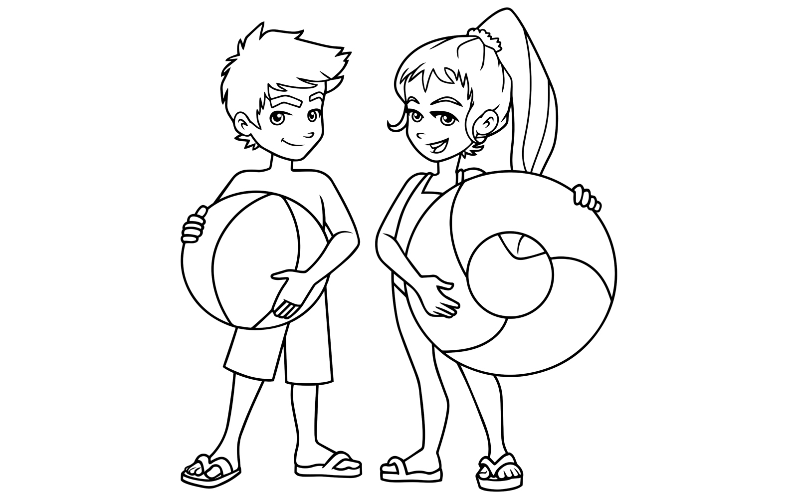 Beach Kids with Accessories Line Art - Illustration