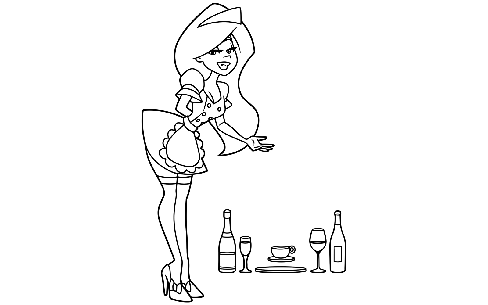 Maid Serving Drinks Line Art - Illustration