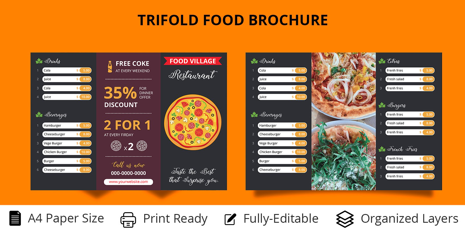 Trifold Food Menu Brochure, Flyer PSD, AI - Corporate Identity Template