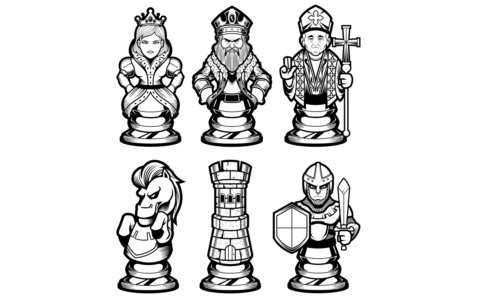 Chess Pieces Set Black and White - Illustration