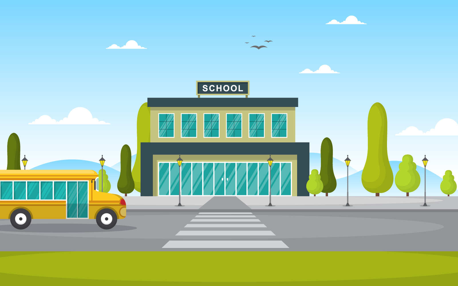 School Building with Bus - Illustration