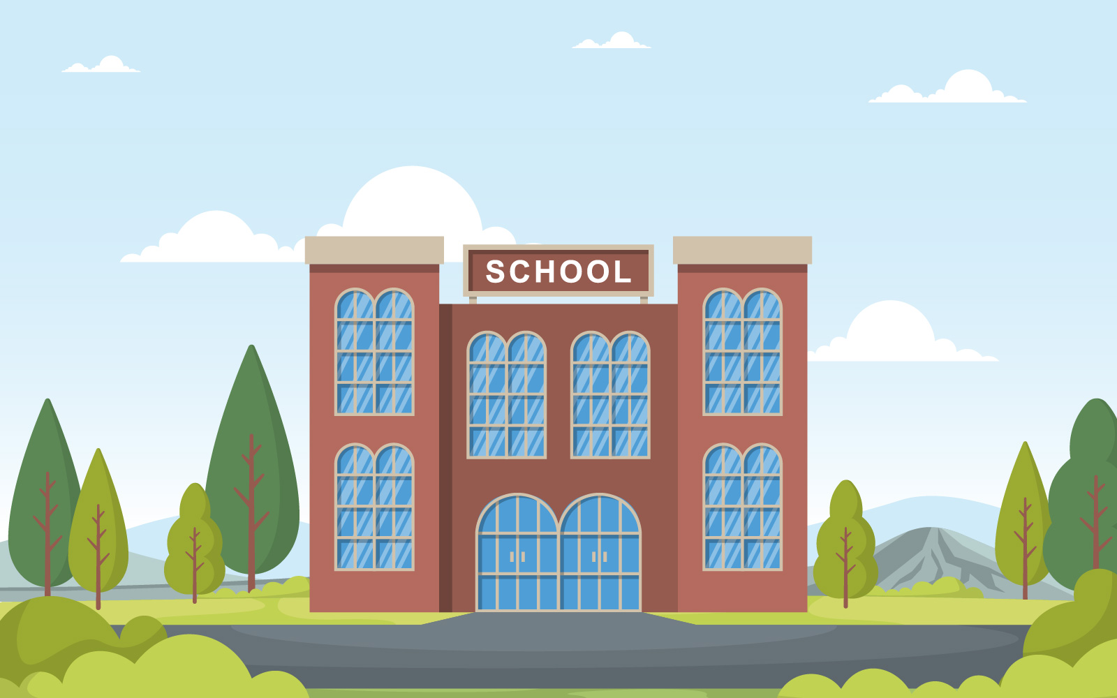 School Building Landscape - Illustration
